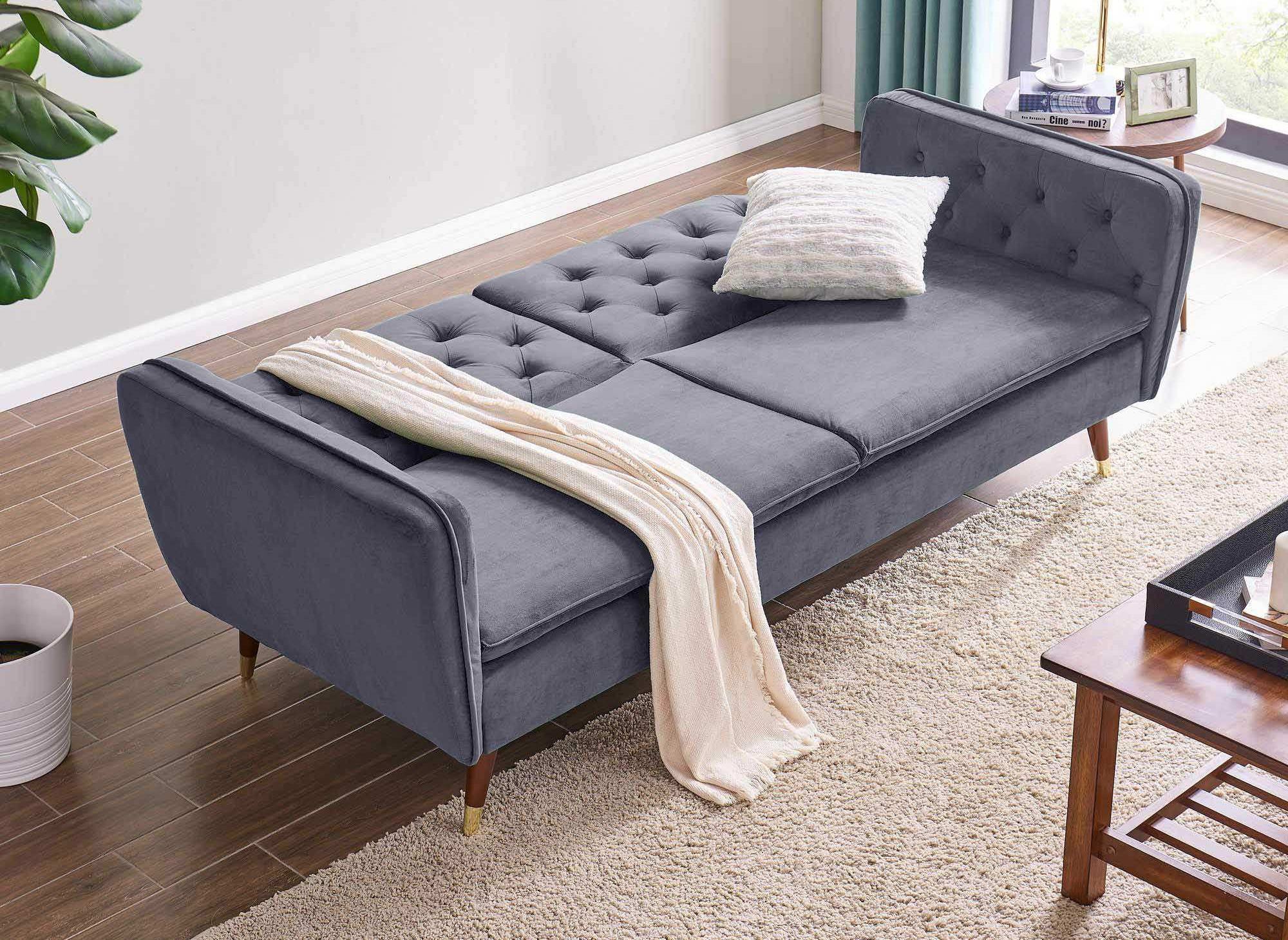 Sofá cama convertible ARIANE de 3 plazas con mecanismo clic-clac en tela de terciopelo gris