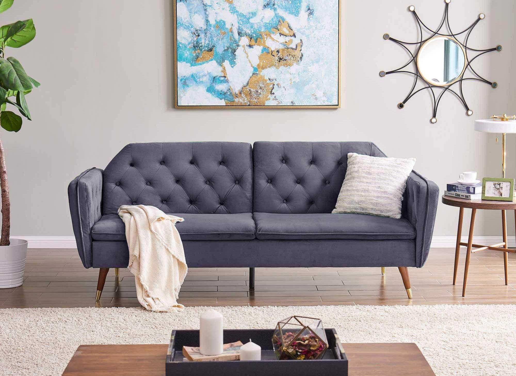 Sofá cama convertible ARIANE de 3 plazas con mecanismo clic-clac en tela de terciopelo gris