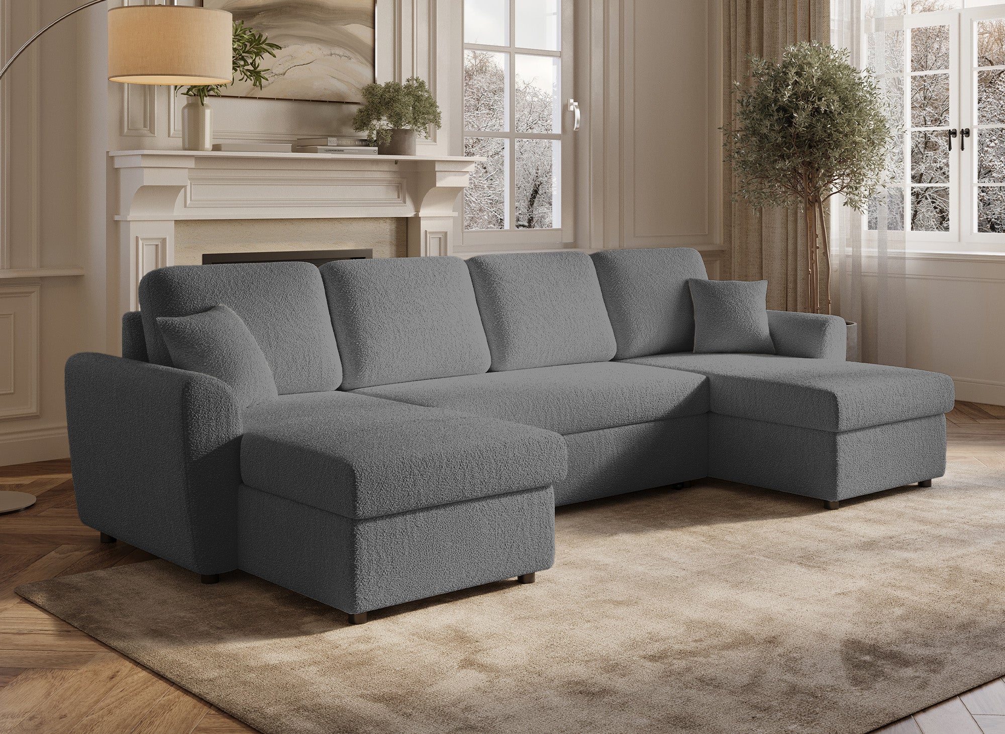 Sofá cama panorámico ADRYEN con 2 compartimentos de almacenamiento en tela bouclé gris