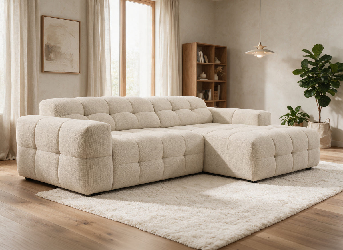 Sofá esquinero relax de terciopelo texturizado beige FEDORA - Ángulo derecho