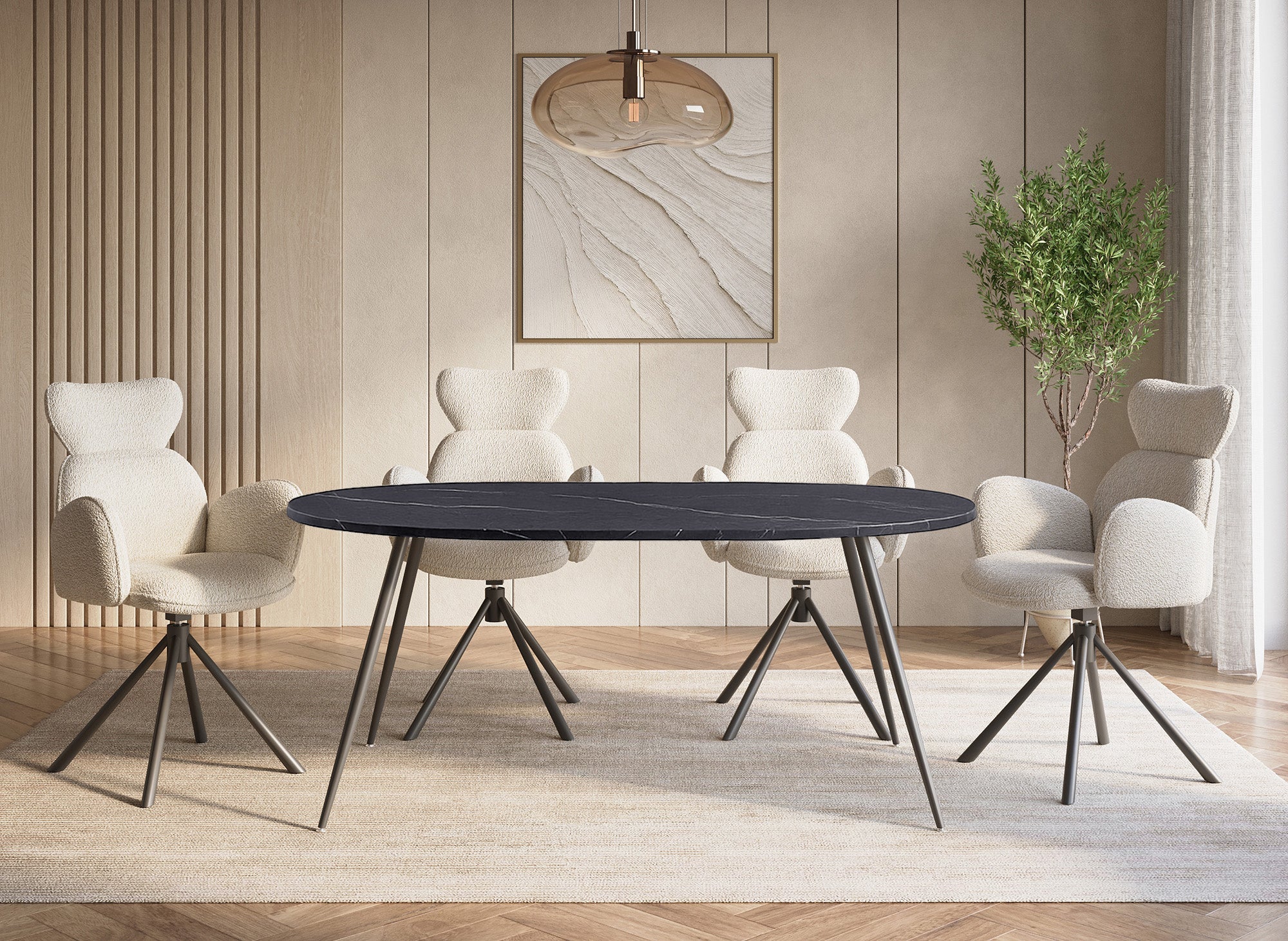 Mesa de comedor ovalada DIWAN con efecto mármol gris