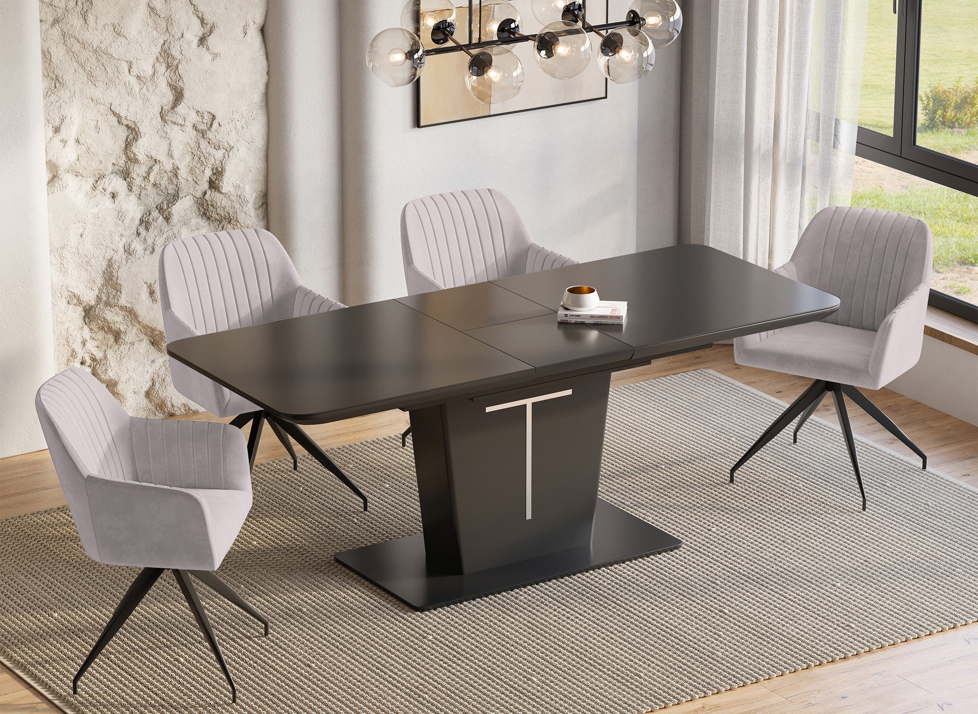 Mesa de comedor extensible rectangular SULIA, diseño negro