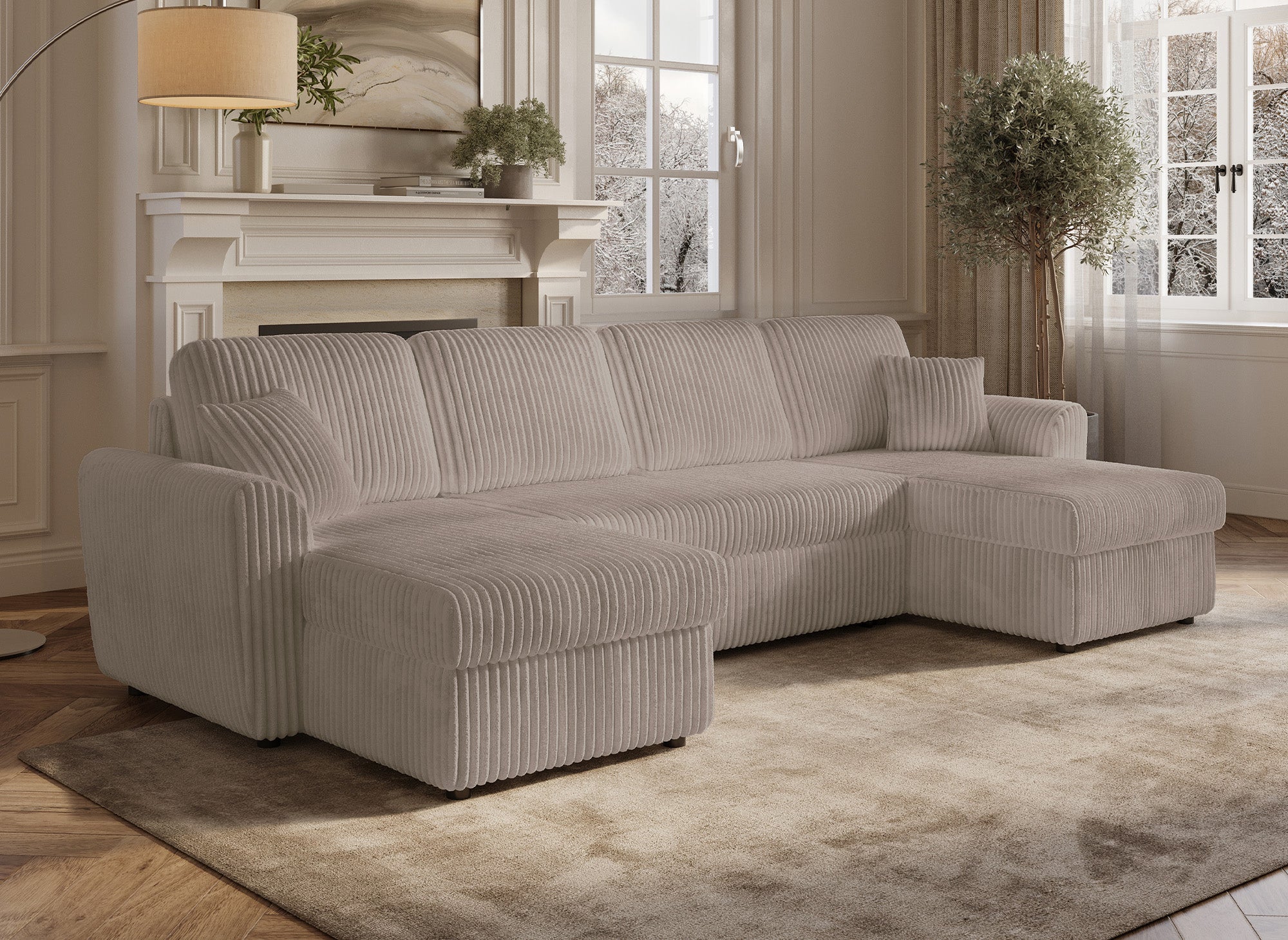 Sofá convertible panorámico ADRYEN con almacenaje en pana gruesa color topo