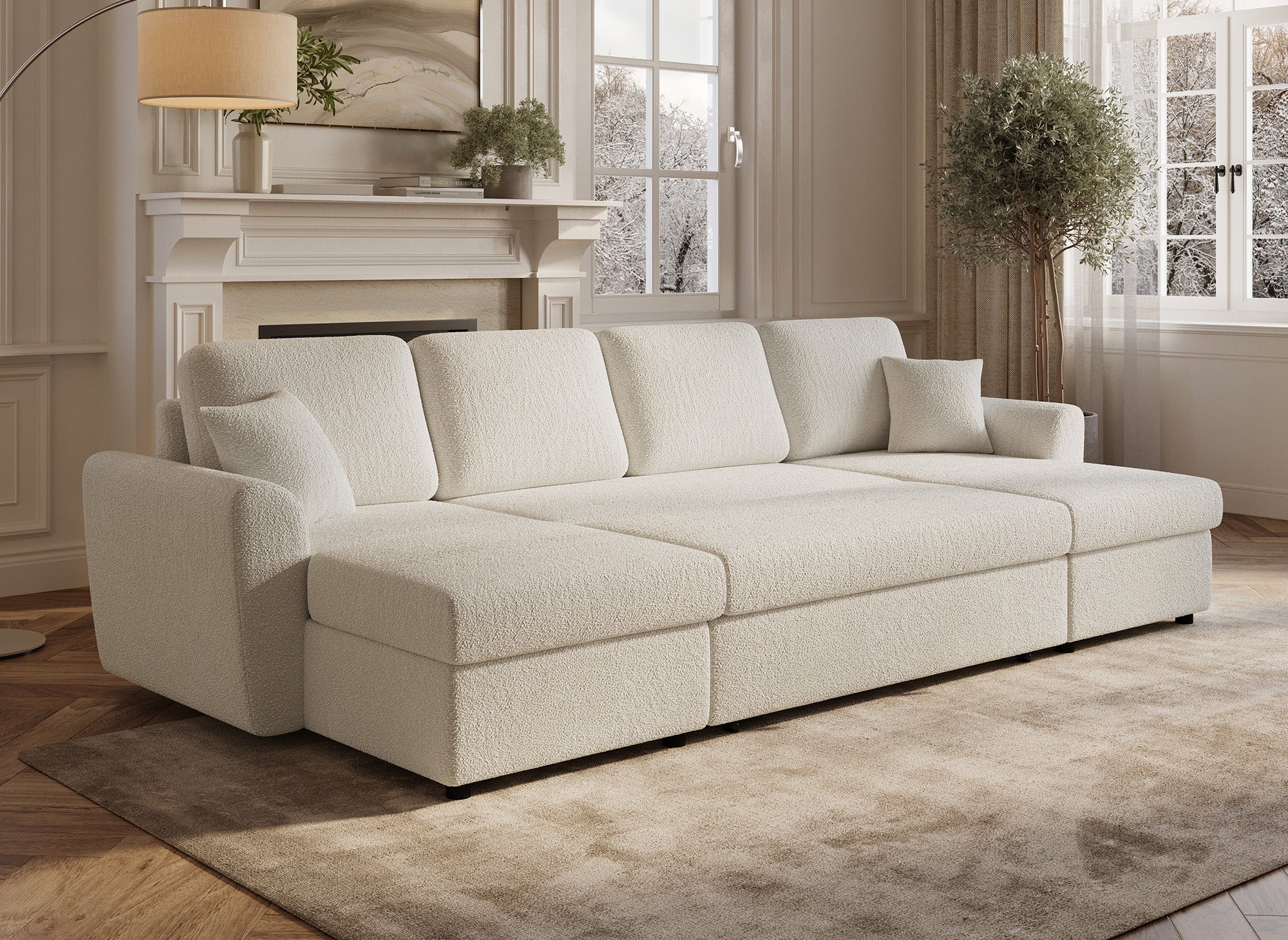 Sofá cama panorámico convertible ADRYEN con 2 compartimentos de almacenamiento en tejido bouclé beige