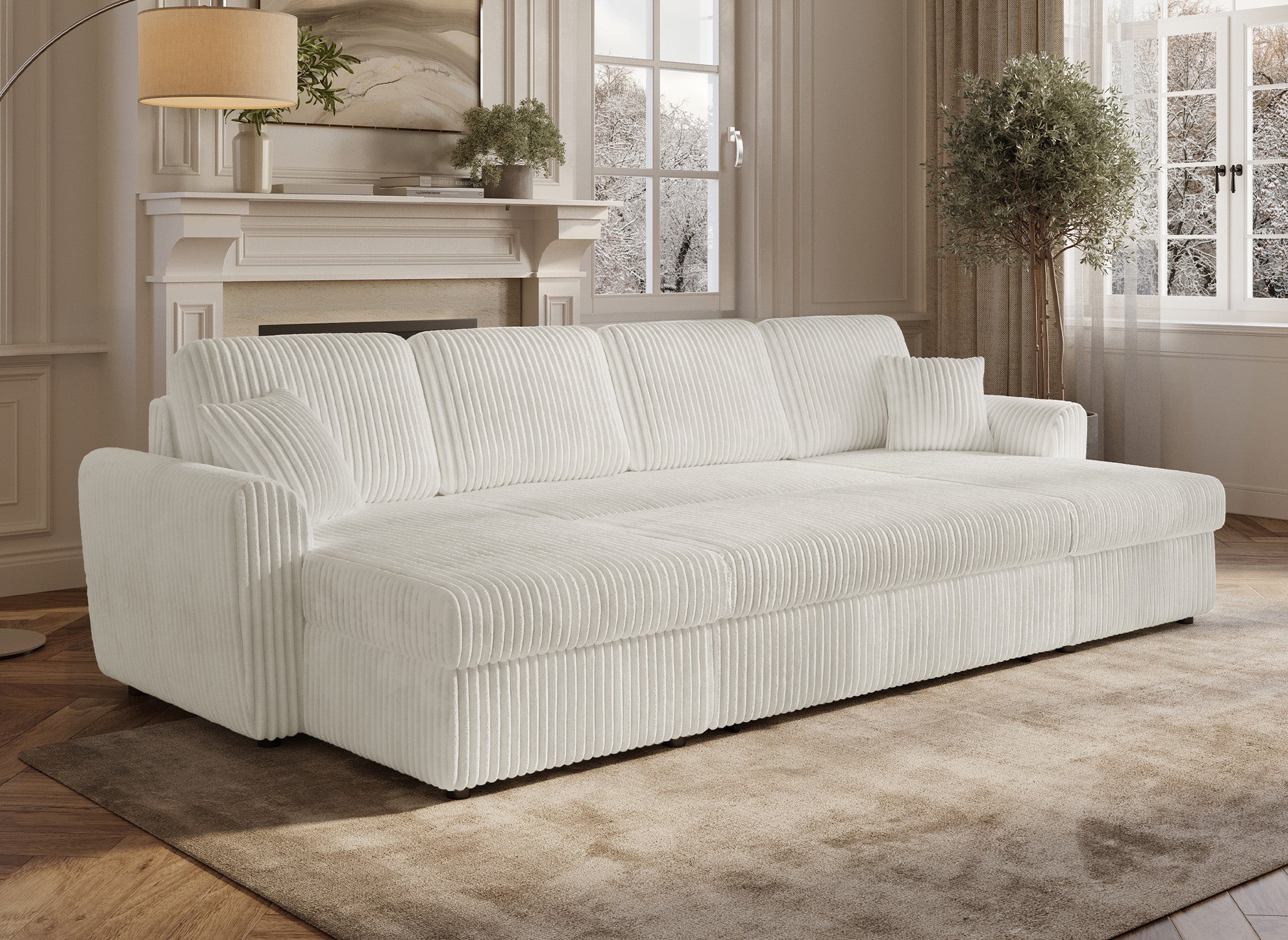 Sofá convertible panorámico ADRYEN con compartimentos de almacenamiento en pana gruesa beige