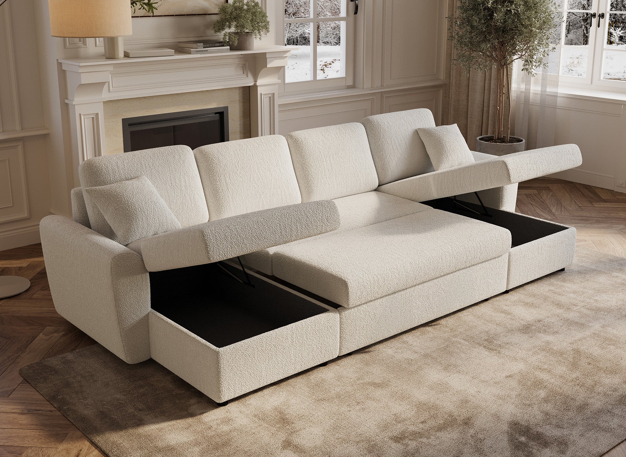 Sofá cama panorámico convertible ADRYEN con 2 compartimentos de almacenamiento en tejido bouclé beige