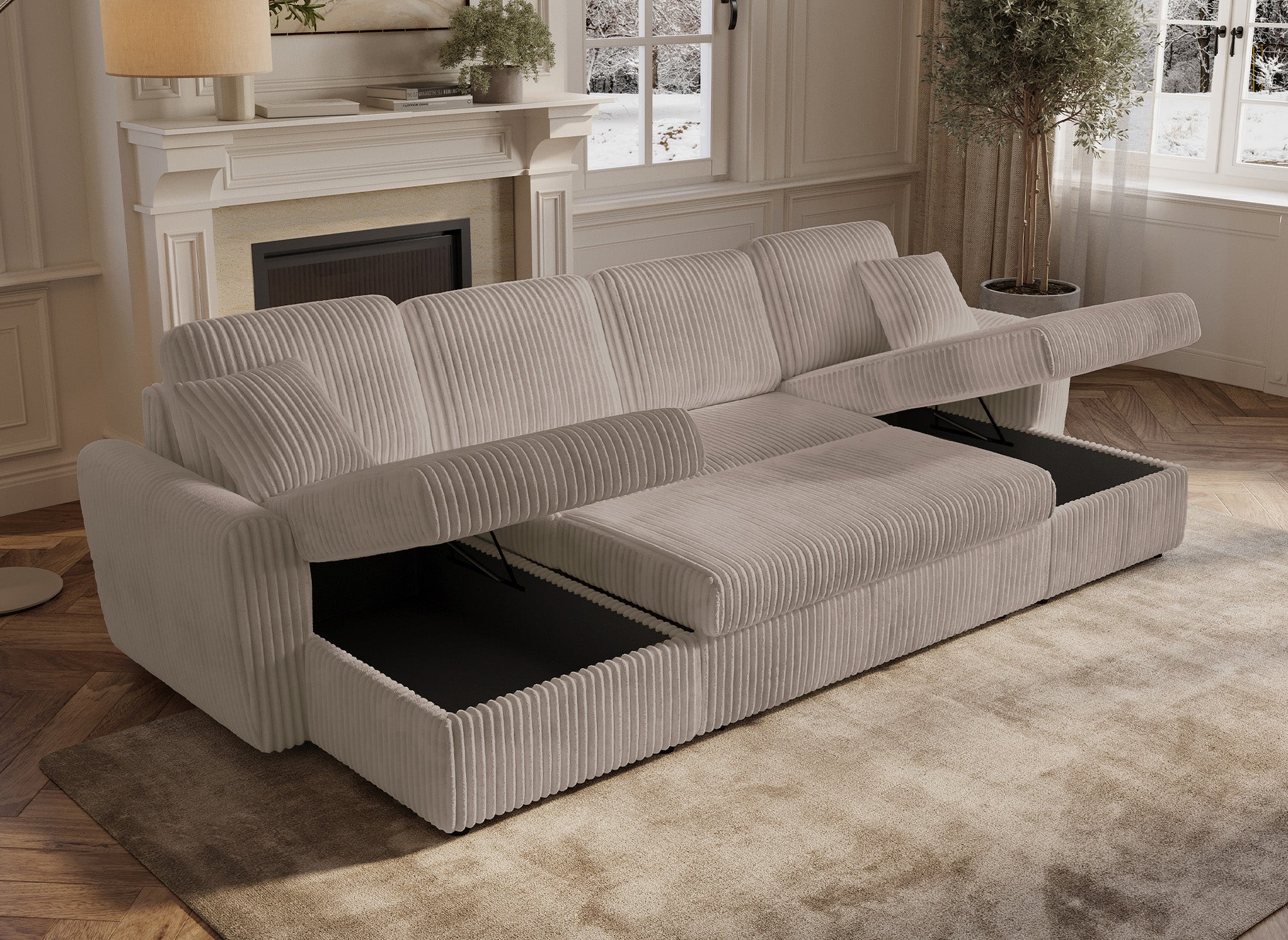 Sofá convertible panorámico ADRYEN con almacenaje en pana gruesa color topo