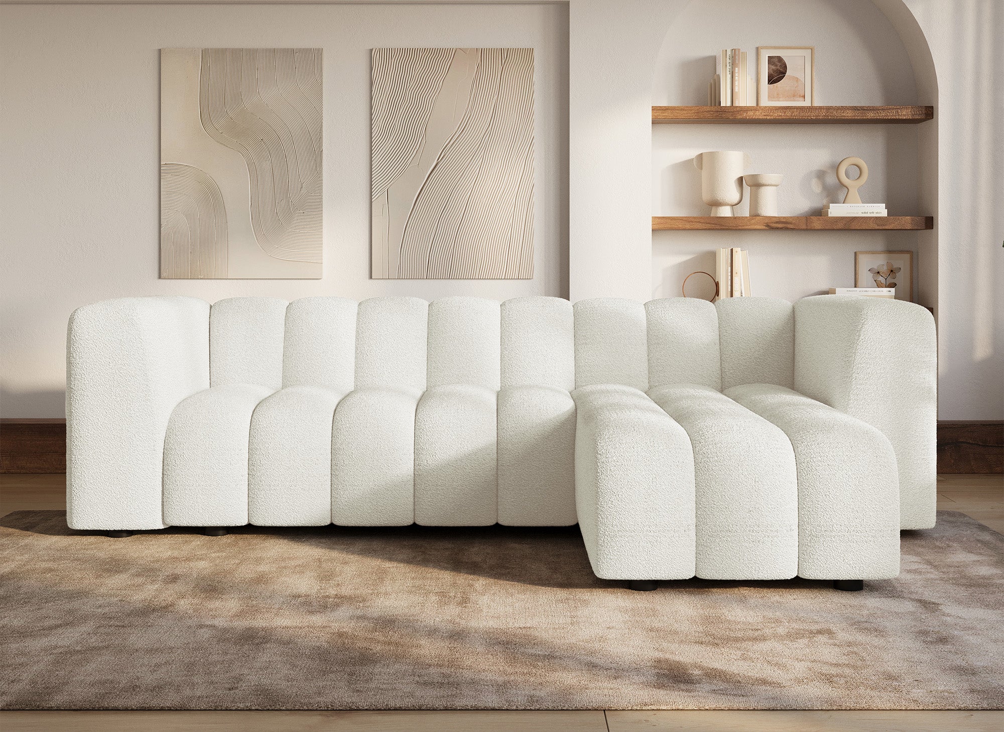 Sofá esquinero reversible AELIS en tejido bouclé crudo