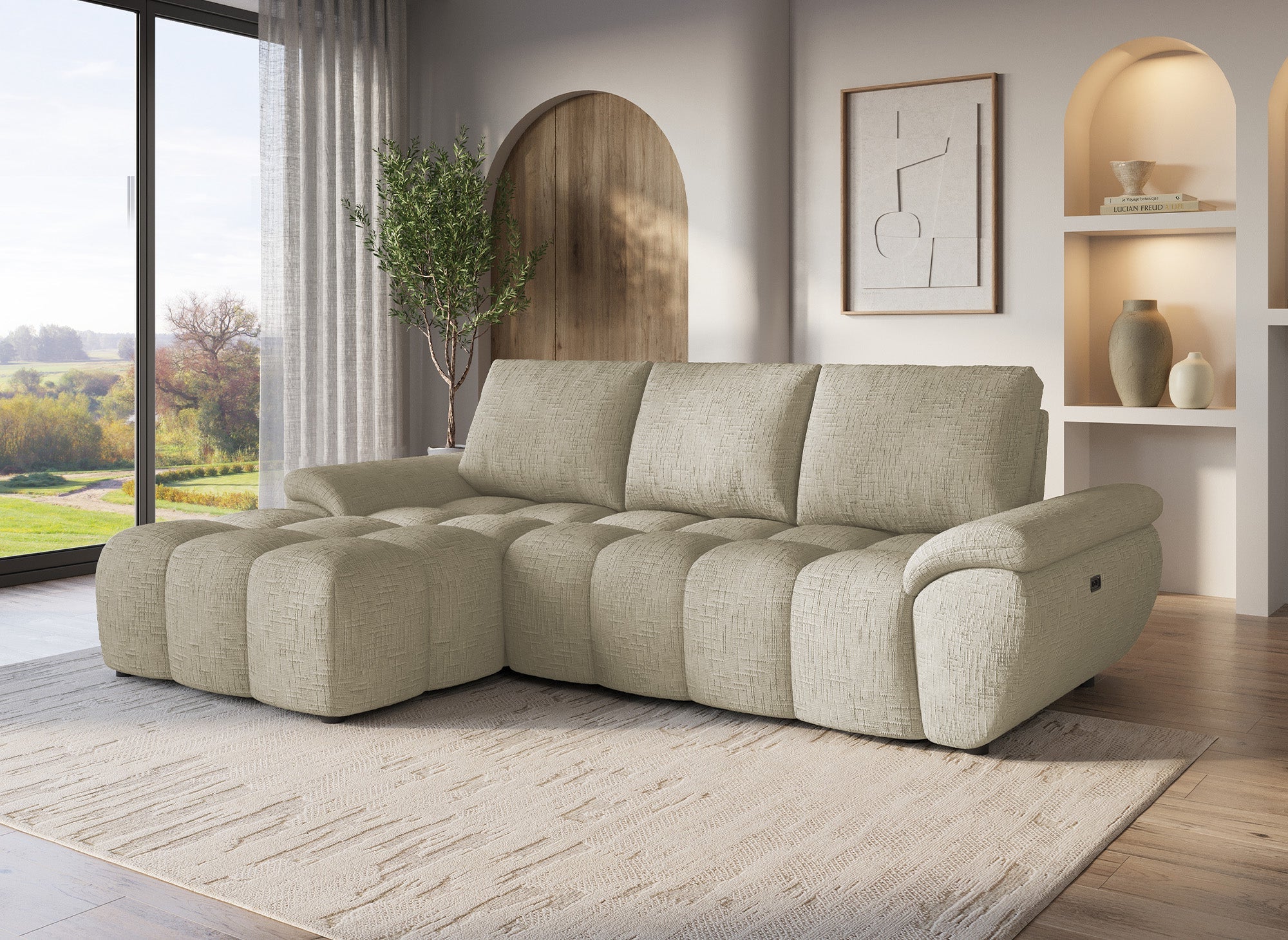 Sofá esquinero reclinable eléctrico ALPES en terciopelo jaspeado color topo - Esquina izquierda