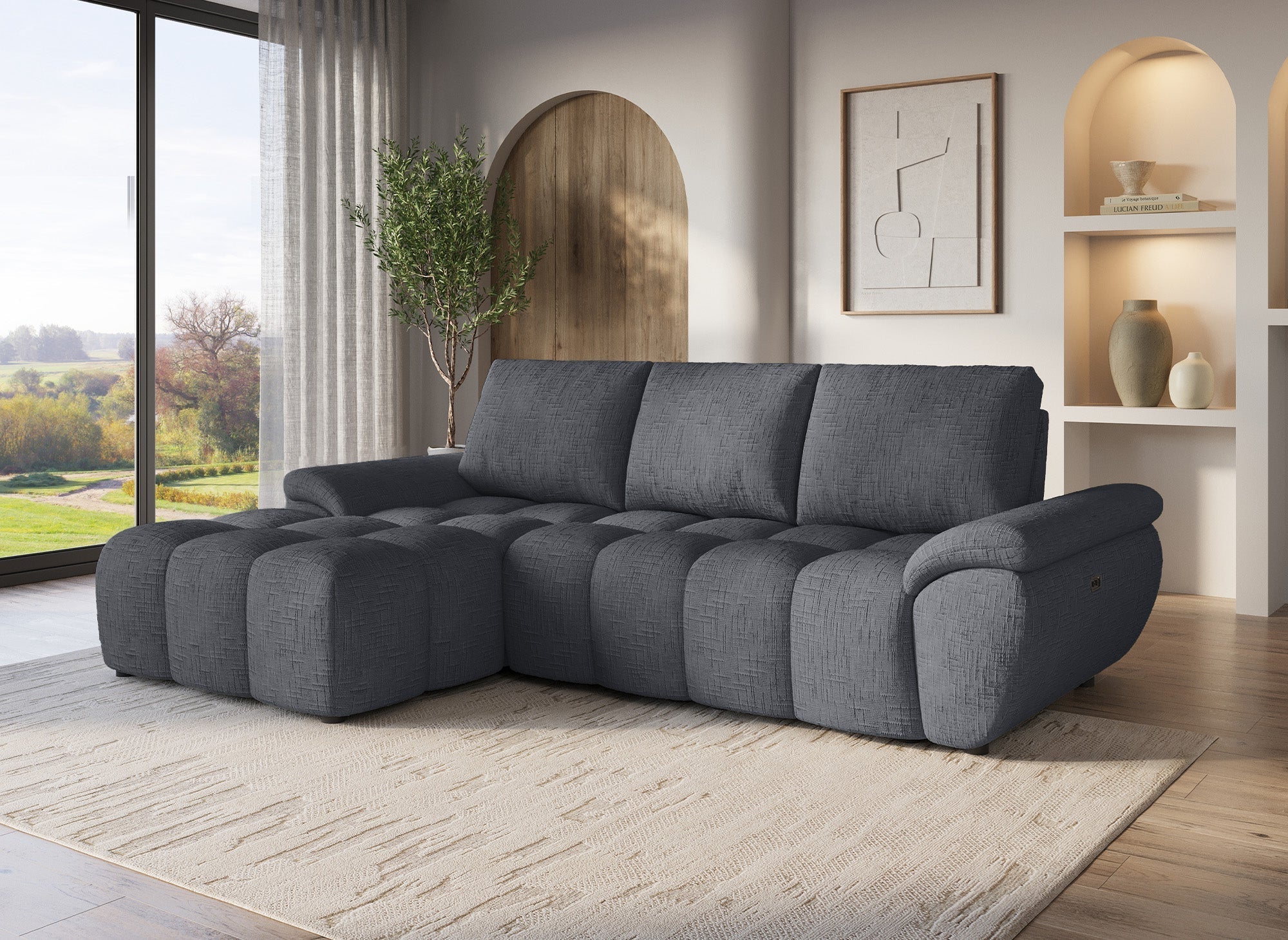 Sofá esquinero reclinable eléctrico ALPES en terciopelo gris jaspeado - Esquina izquierda