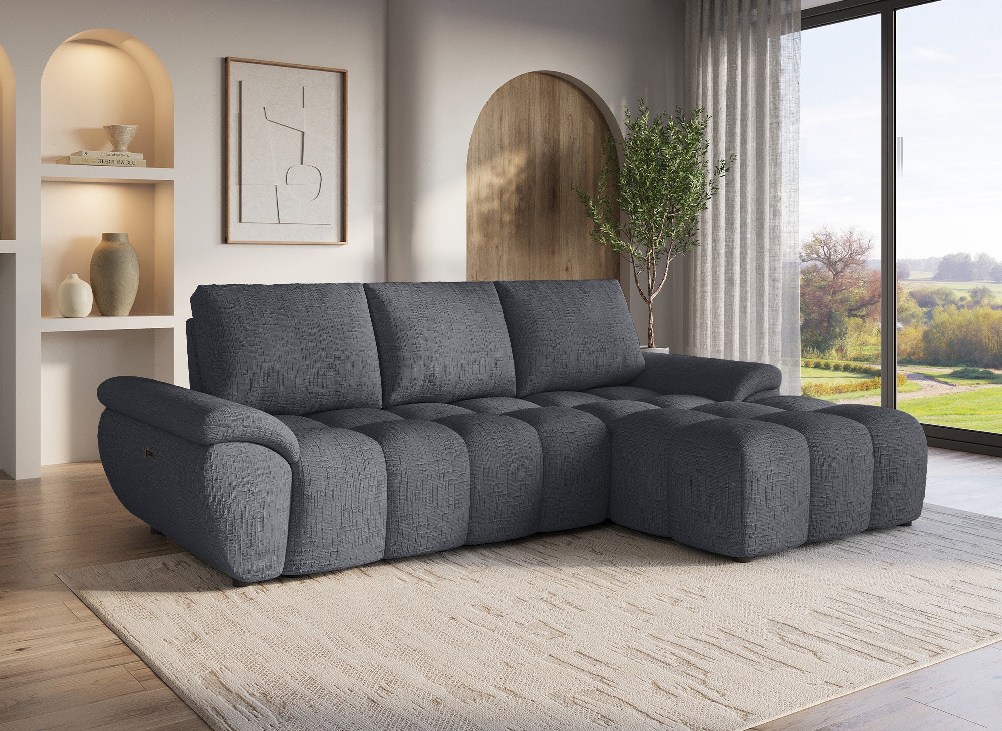 Sofá esquinero reclinable eléctrico ALPES en terciopelo gris jaspeado - Esquinero derecho