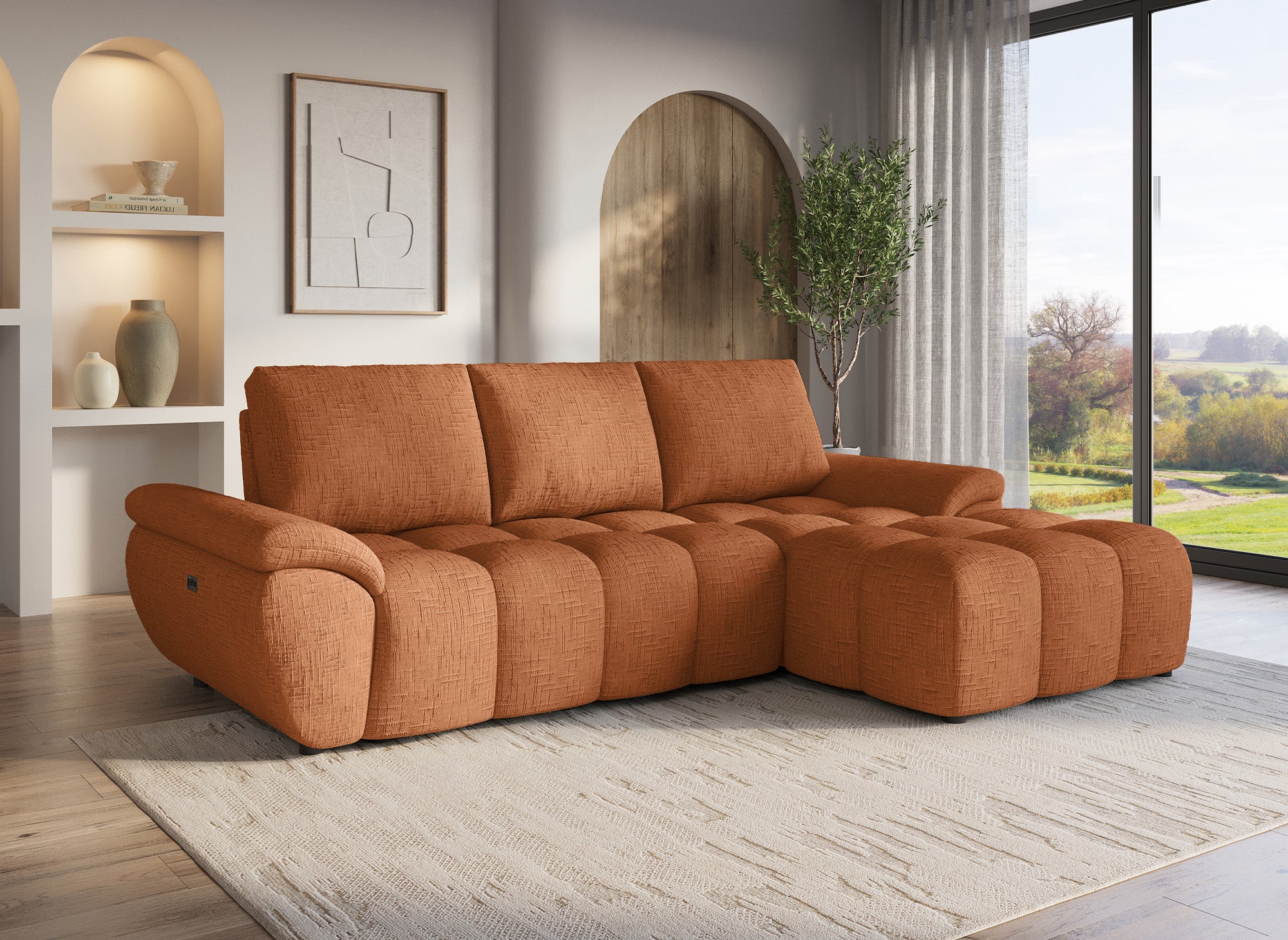 Sofá esquinero reclinable eléctrico ALPES en terciopelo jaspeado terracota - Esquina derecha