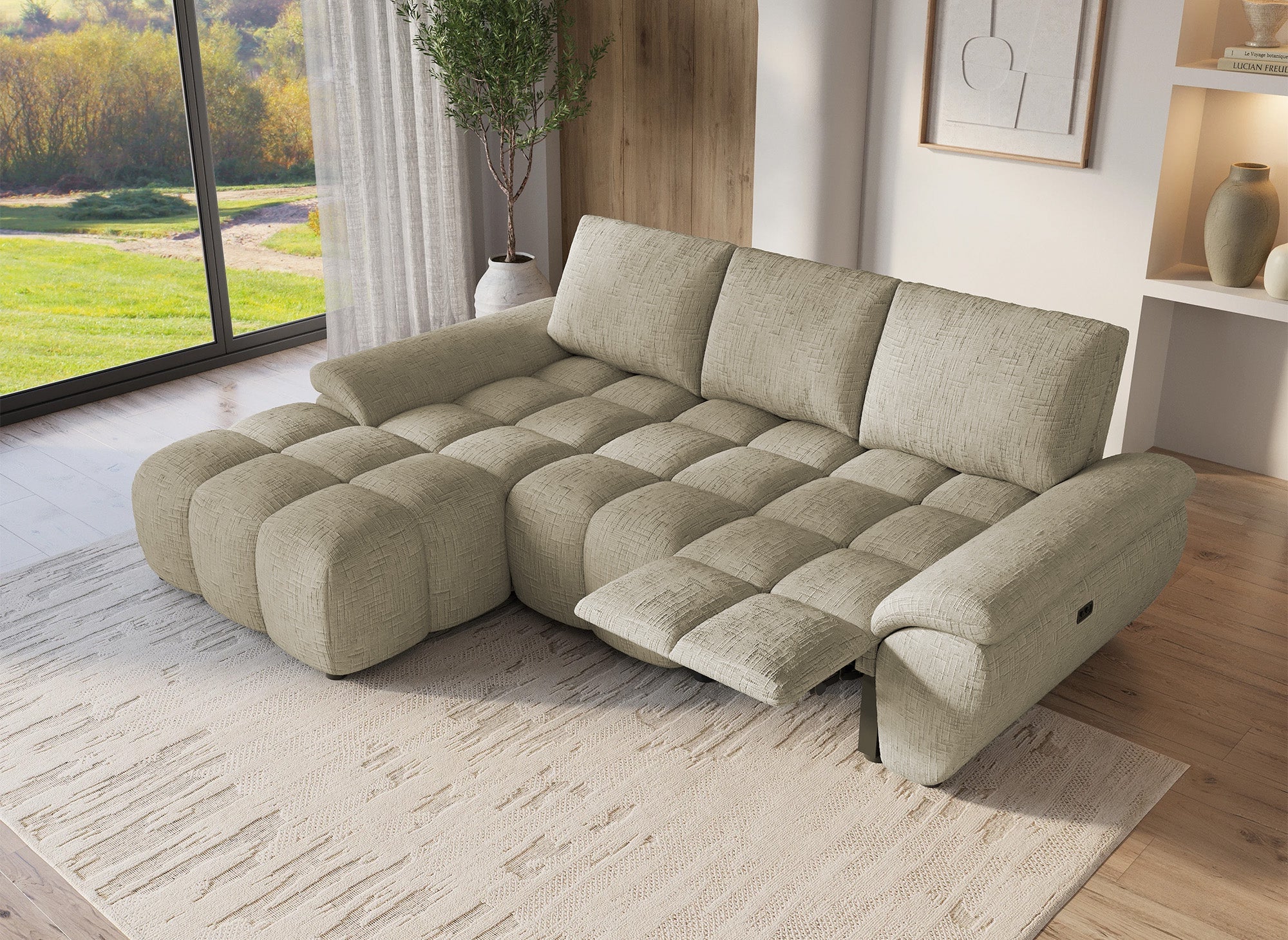 Sofá esquinero reclinable eléctrico ALPES en terciopelo jaspeado color topo - Esquina izquierda