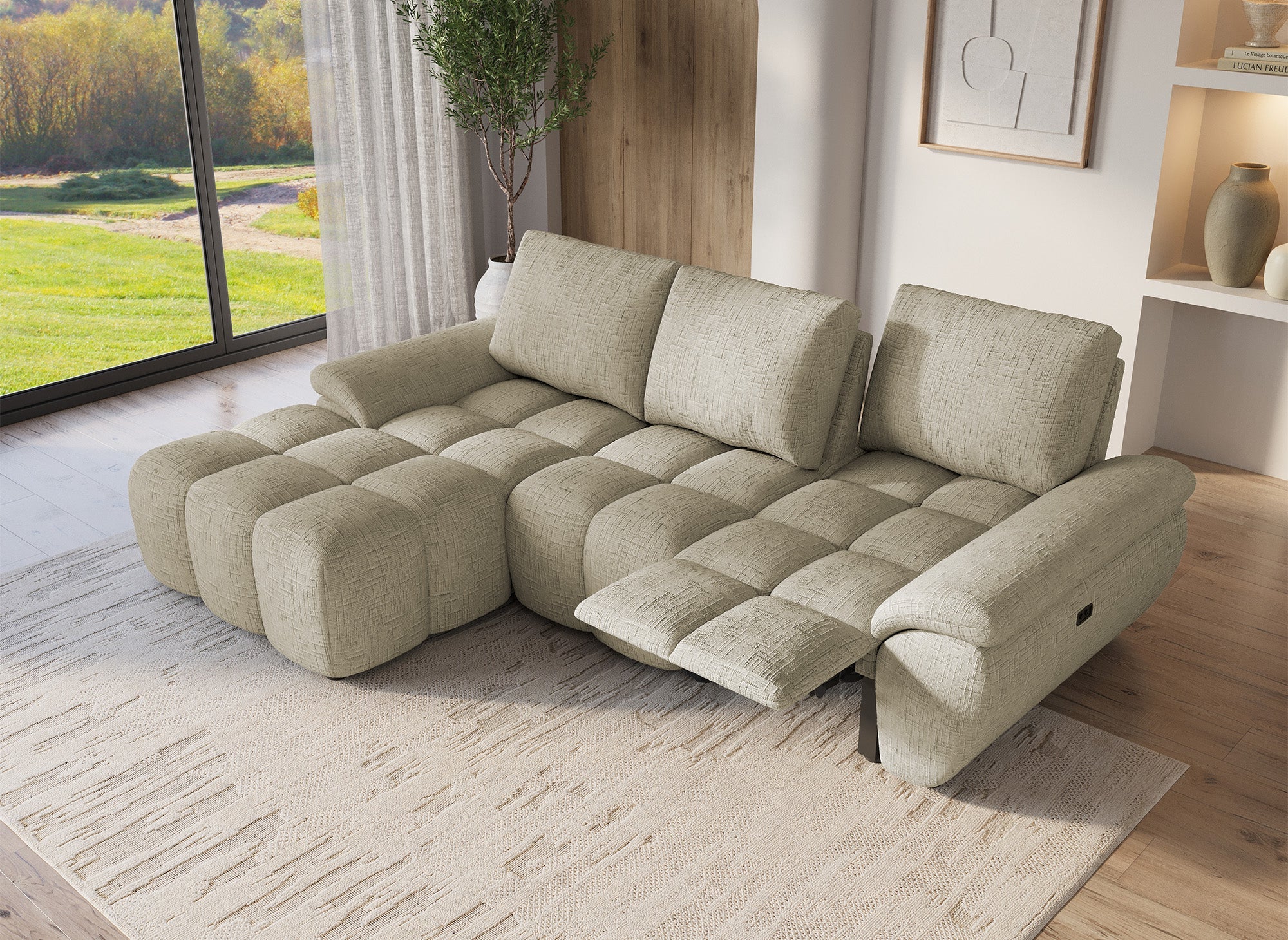 Sofá esquinero reclinable eléctrico ALPES en terciopelo jaspeado color topo - Esquina izquierda