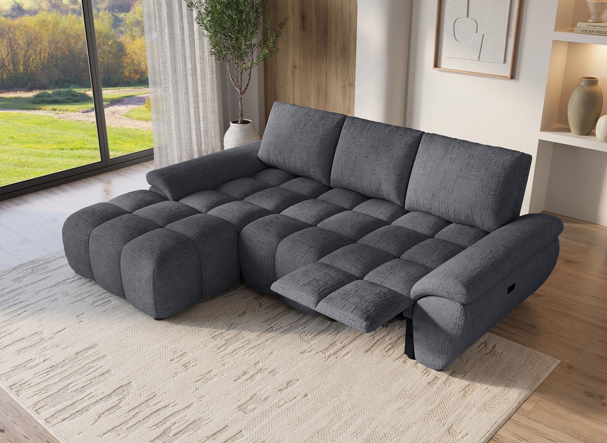 Sofá esquinero reclinable eléctrico ALPES en terciopelo gris jaspeado - Esquina izquierda