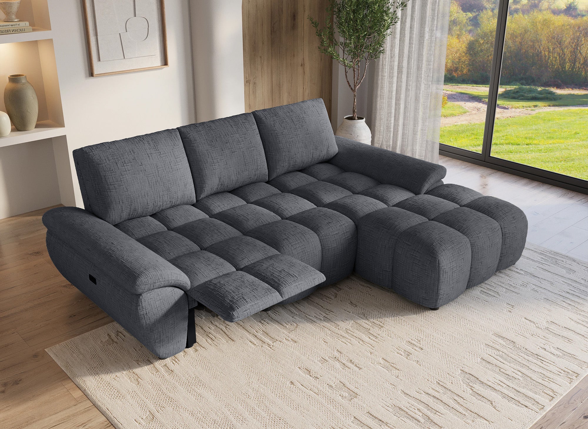 Sofá esquinero reclinable eléctrico ALPES en terciopelo gris jaspeado - Esquinero derecho