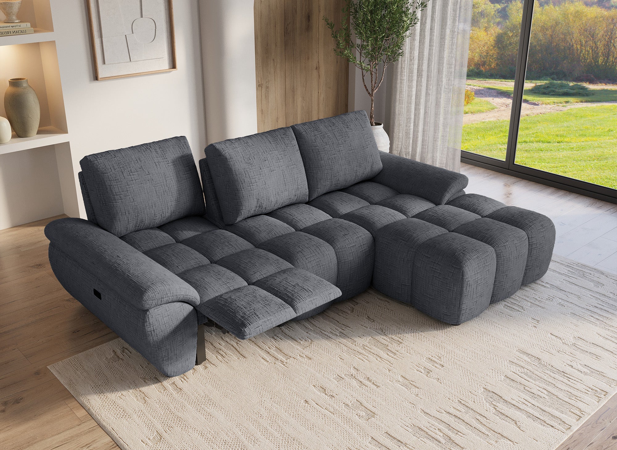 Sofá esquinero reclinable eléctrico ALPES en terciopelo gris jaspeado - Esquinero derecho