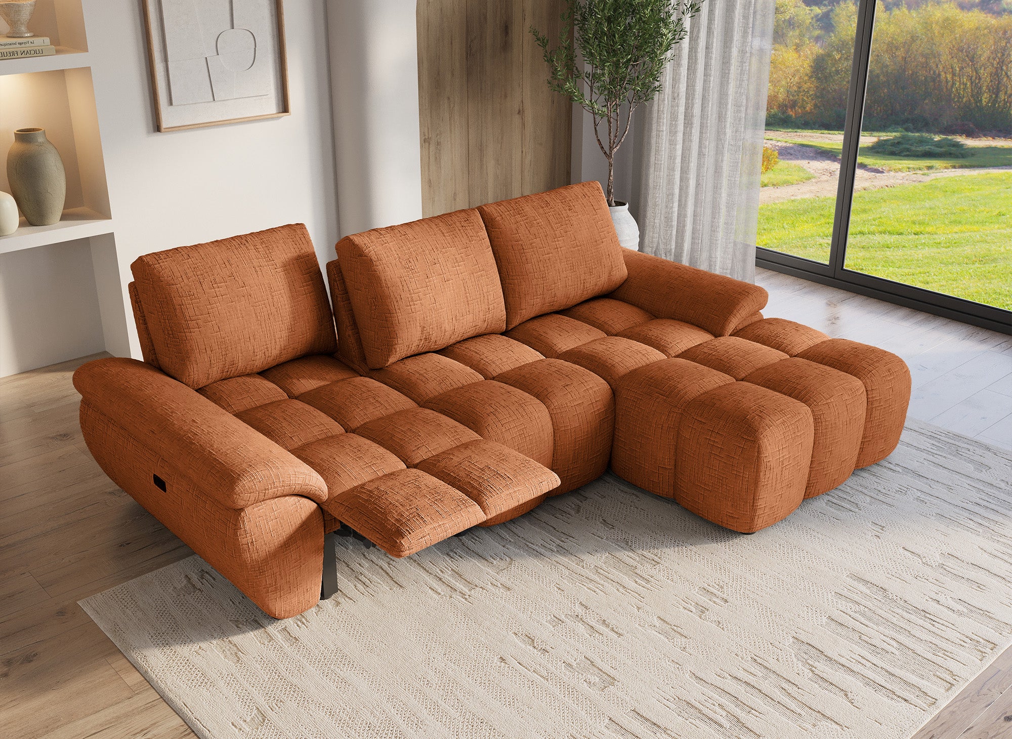 Sofá esquinero reclinable eléctrico ALPES en terciopelo jaspeado terracota - Esquina derecha