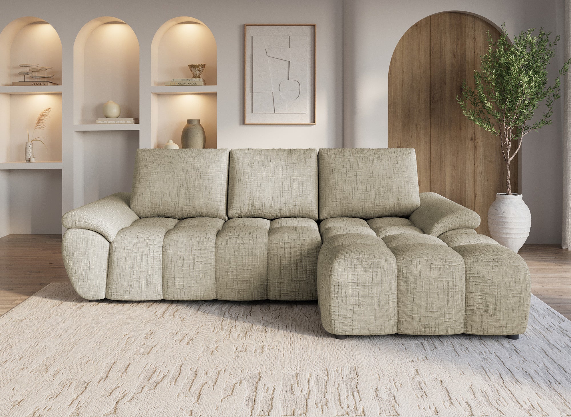 Sofá esquinero reclinable eléctrico ALPES en terciopelo jaspeado color topo - Esquina derecha