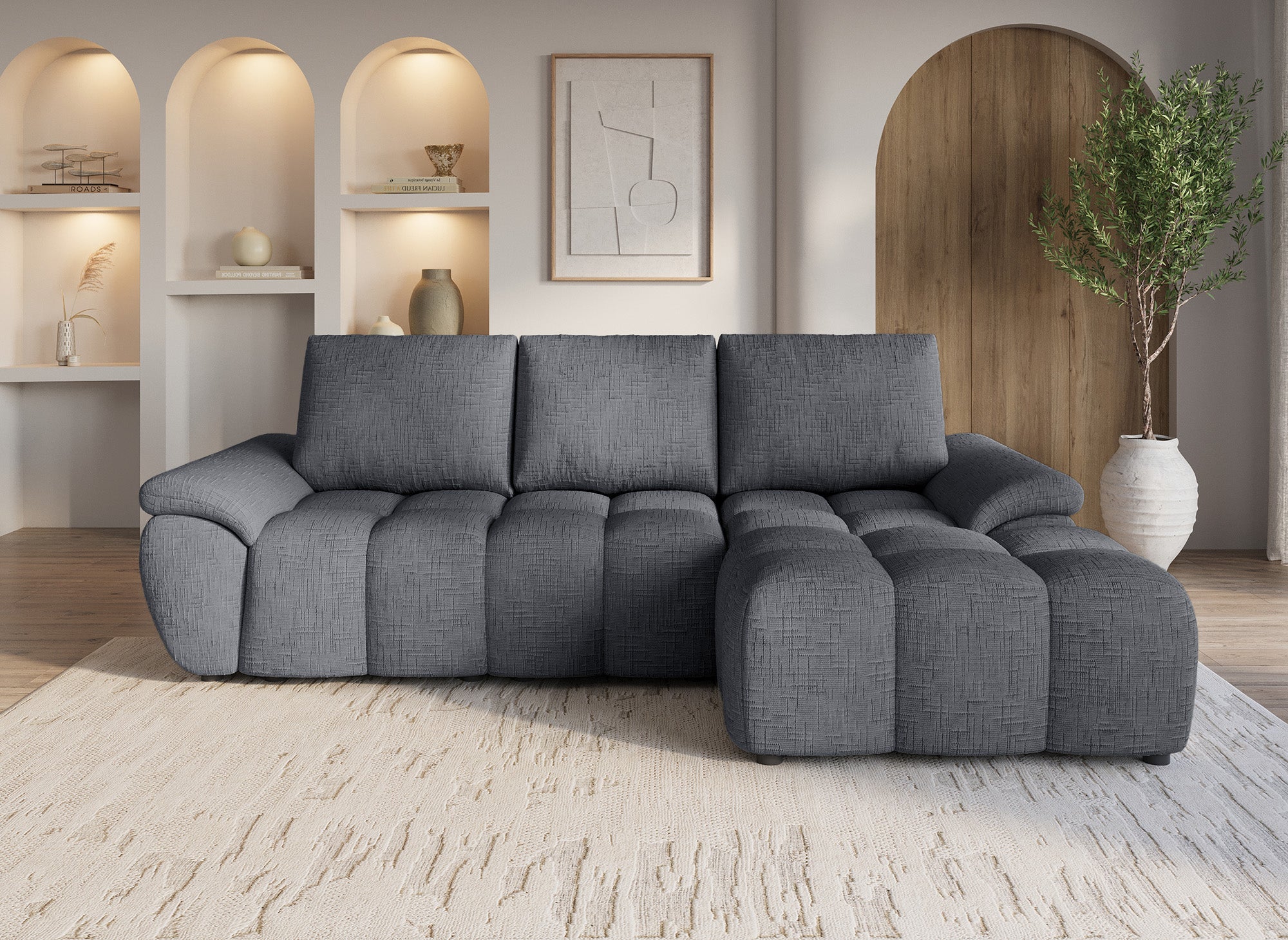 Sofá esquinero reclinable eléctrico ALPES en terciopelo gris jaspeado - Esquinero derecho