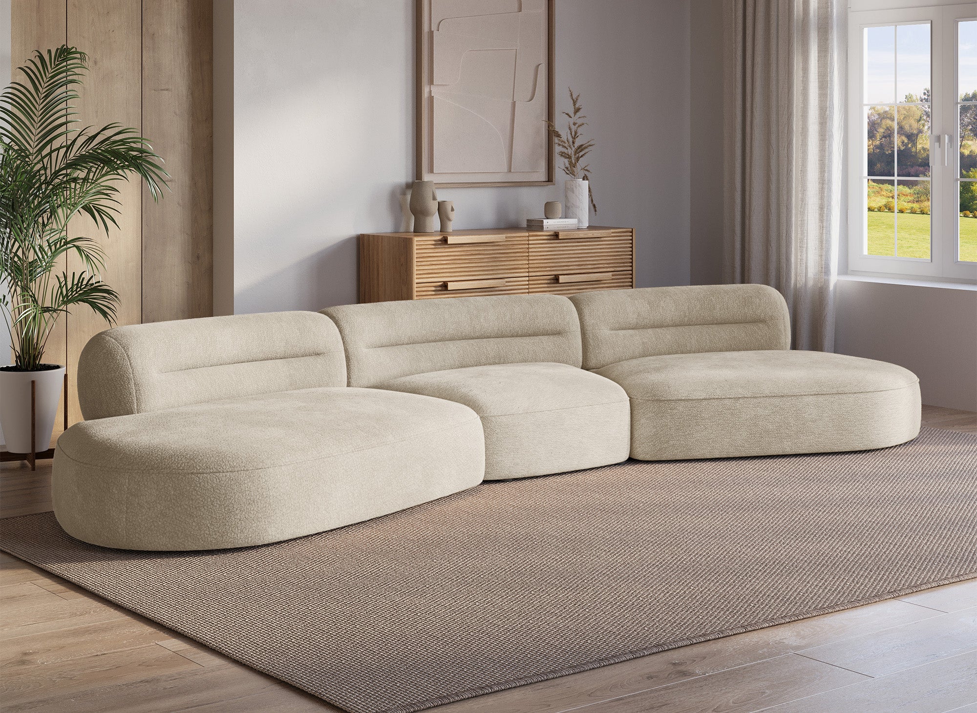 Sofá recto IMENIA de 5 plazas en terciopelo tejido beige