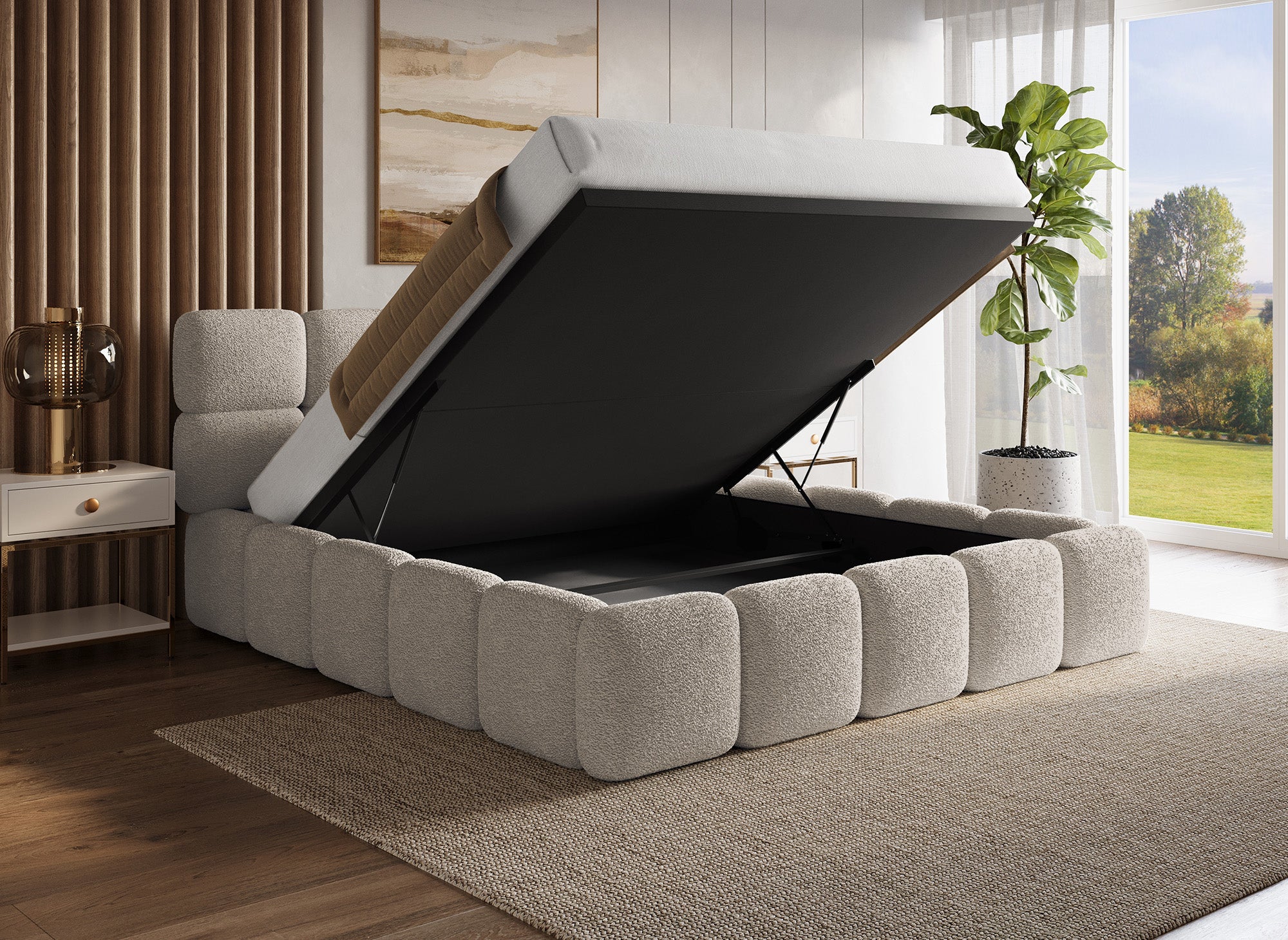 Cama con almacenaje BUBBLE de tela bouclé color topo, 180x200 cm