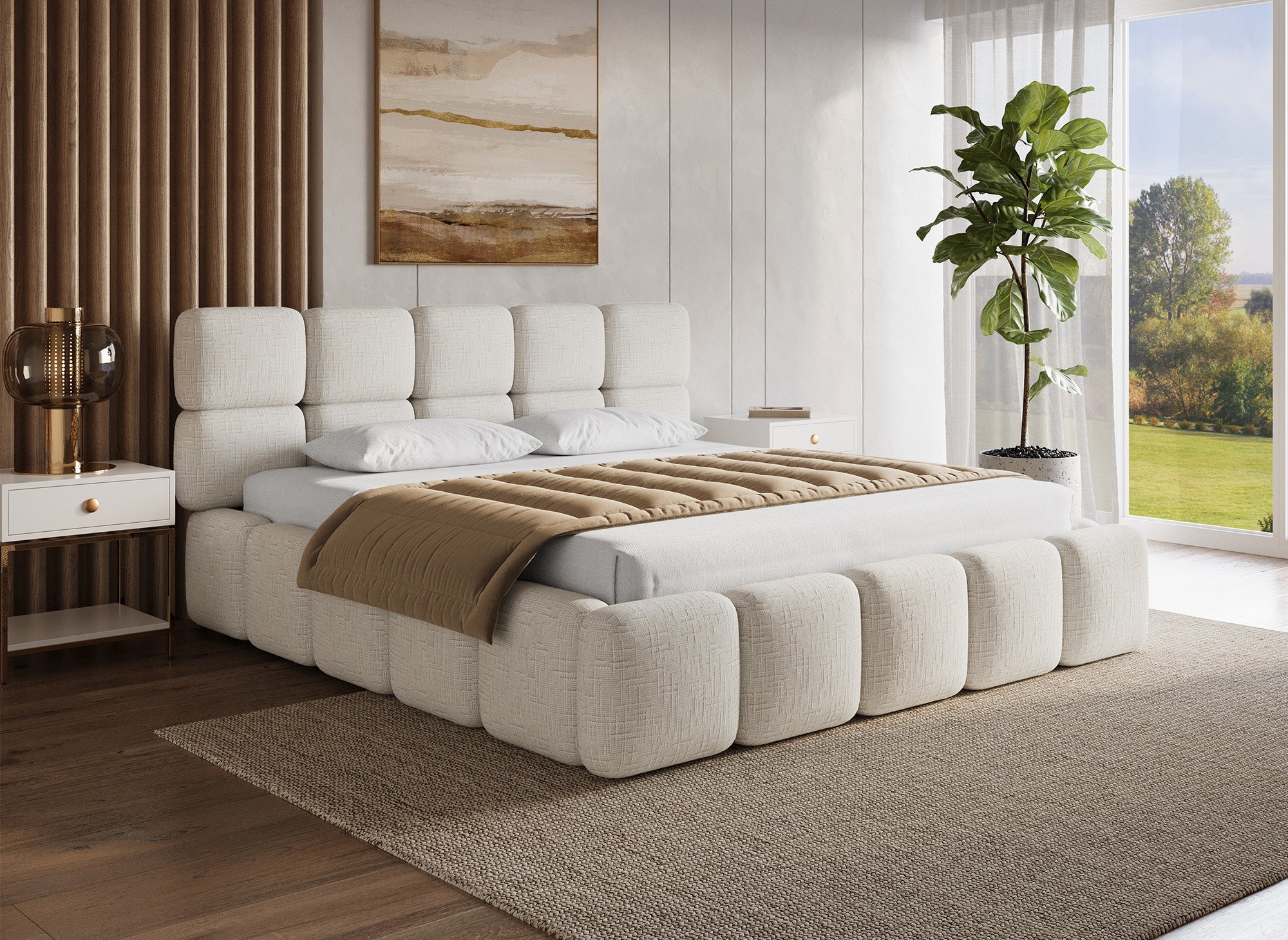 Cama con almacenaje BUBBLE de terciopelo jaspeado beige, 180x200 cm