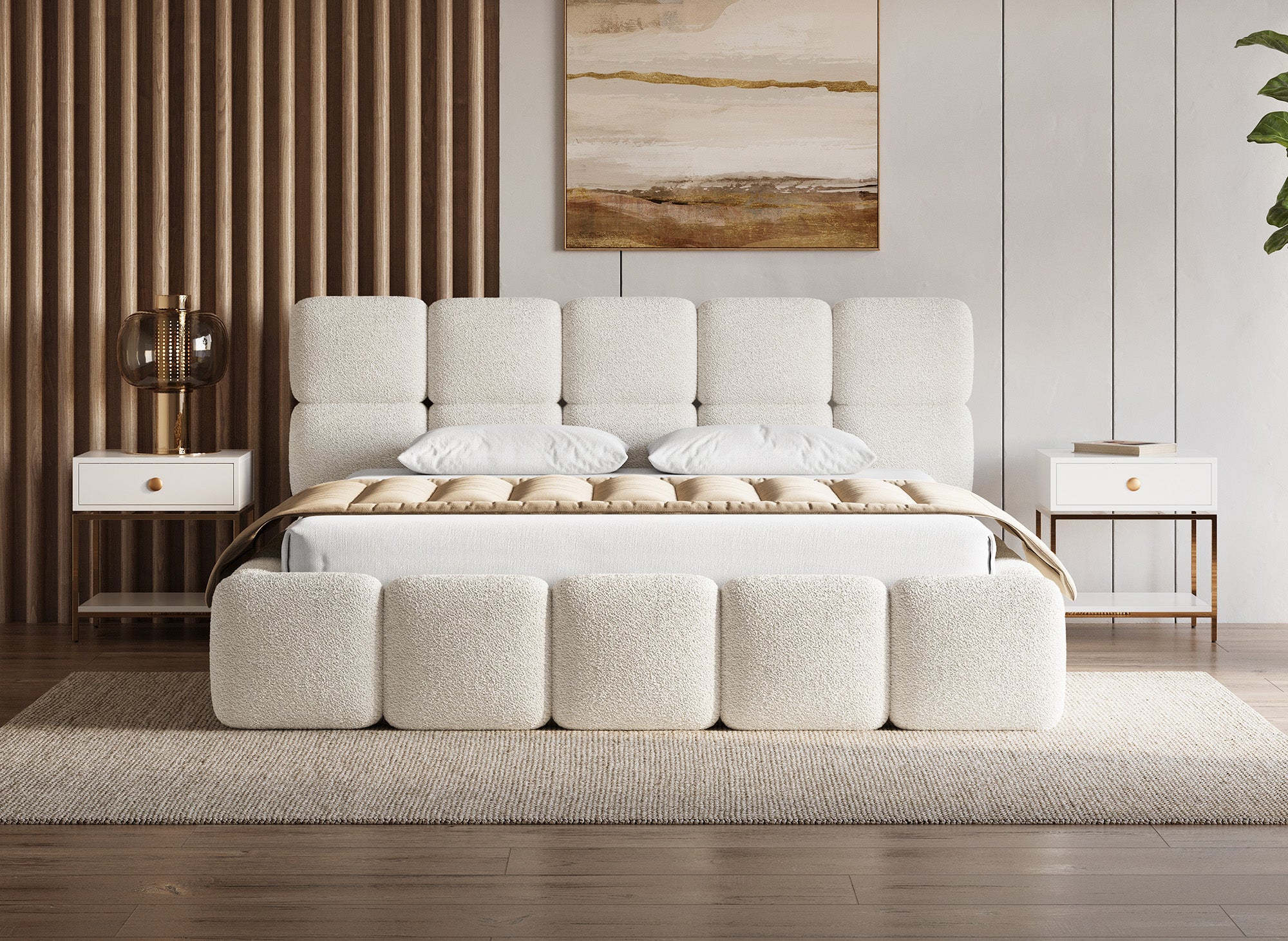 Cama con almacenaje BUBBLE de tela bouclé beige, 180x200 cm