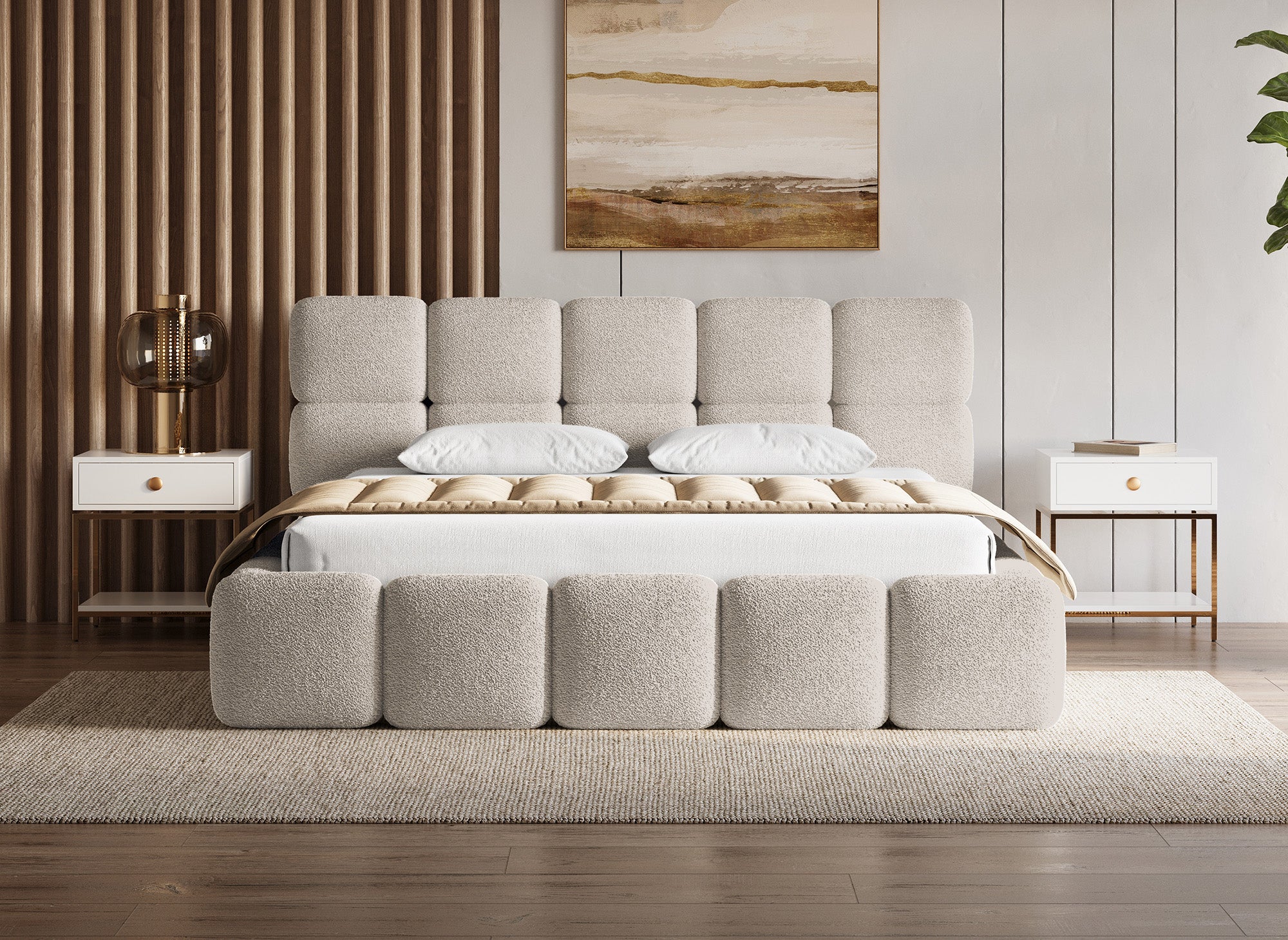 Cama con almacenaje BUBBLE de tela bouclé color topo, 180x200 cm