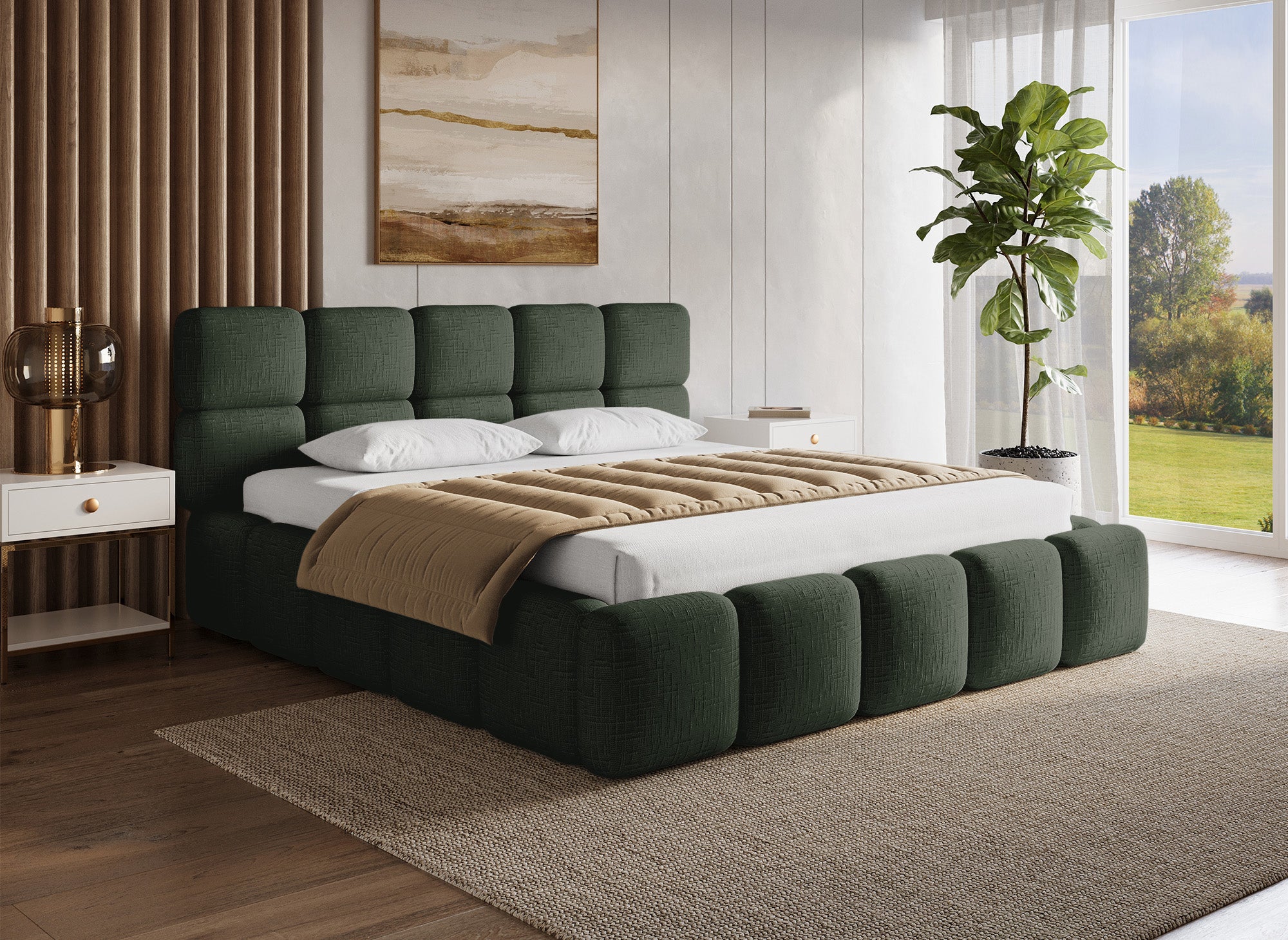 Cama con almacenaje BUBBLE en terciopelo jaspeado verde oliva, 180x200 cm