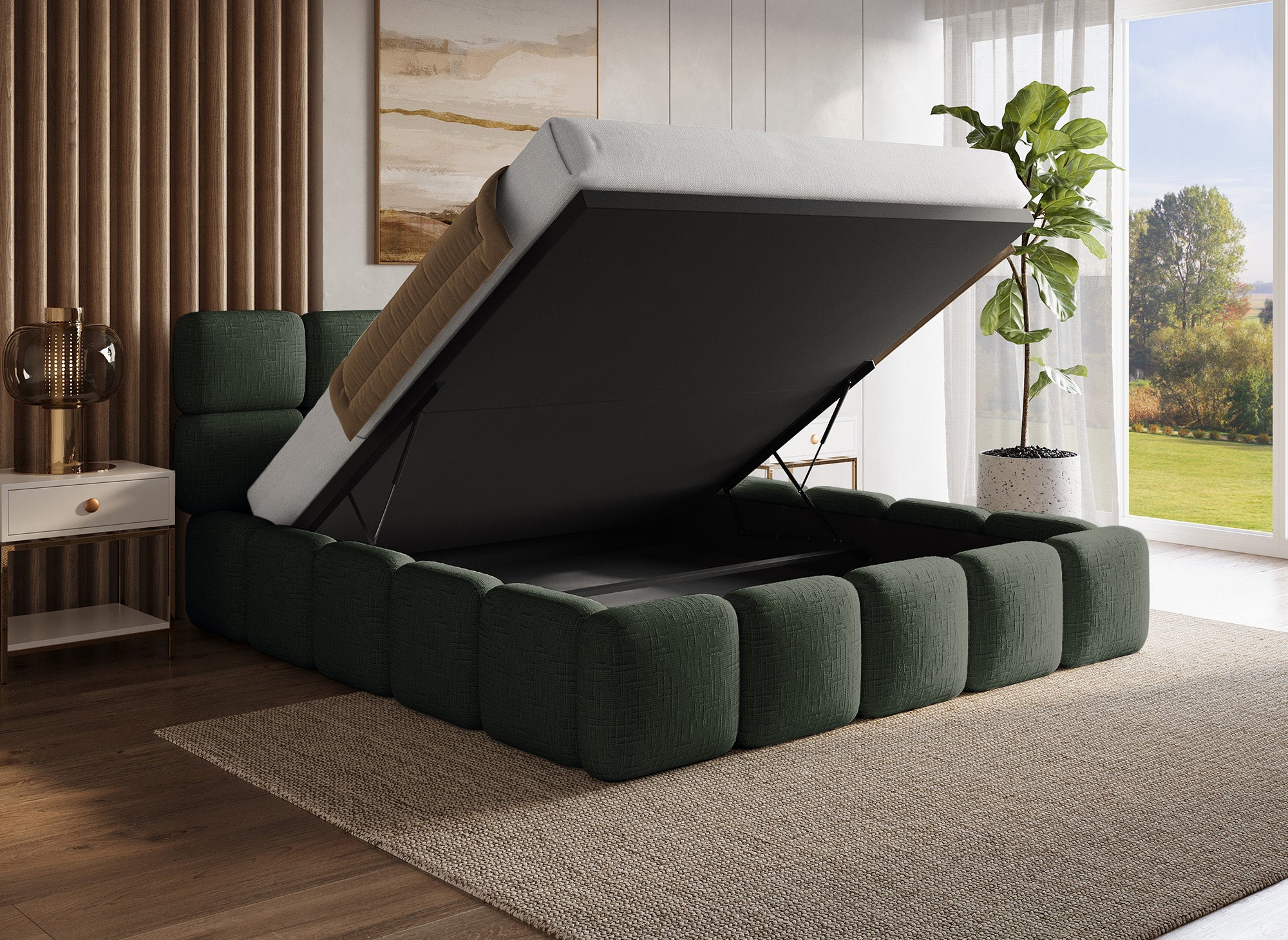 Cama con almacenaje BUBBLE en terciopelo jaspeado verde oliva, 180x200 cm