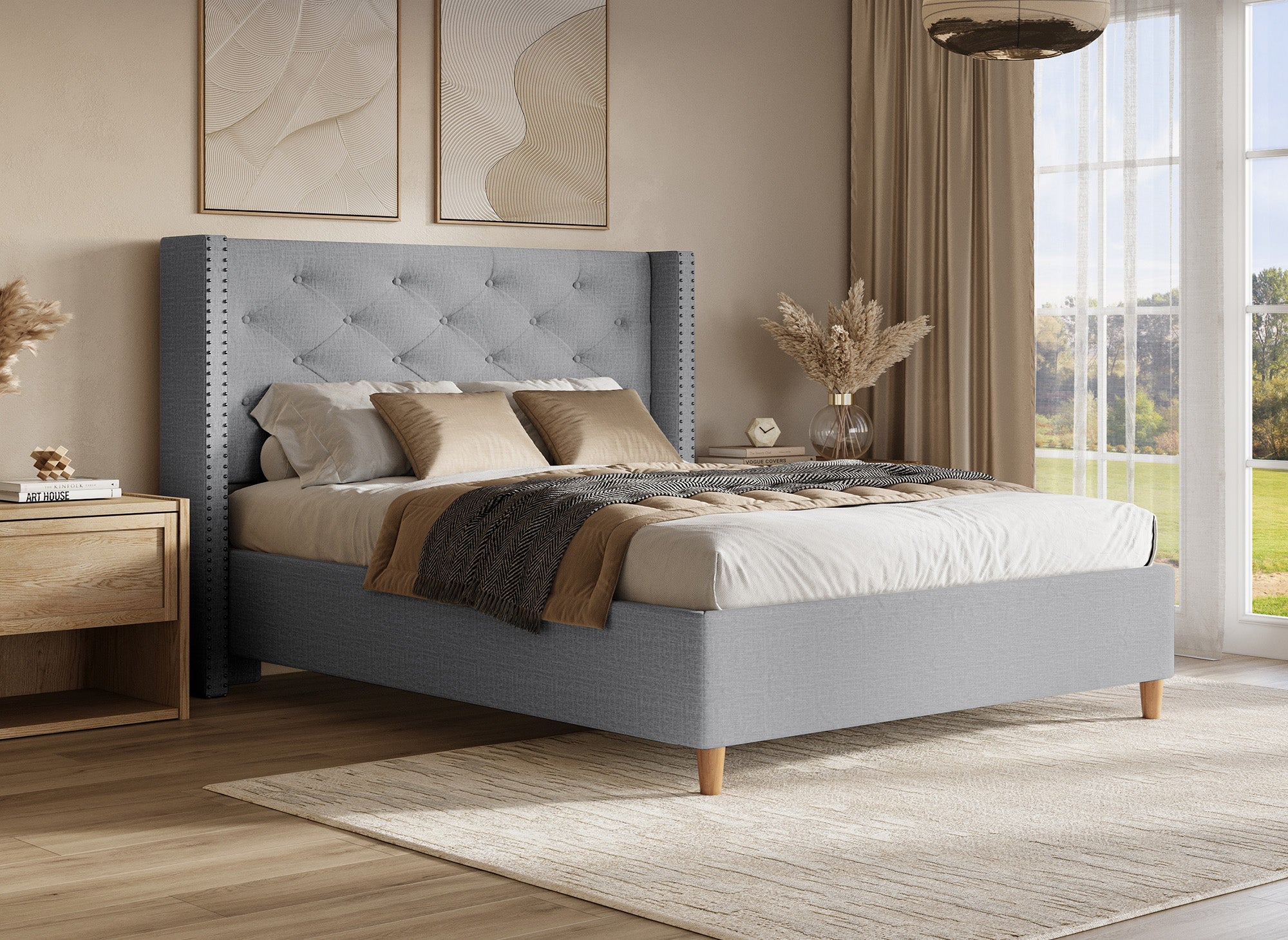 Cama doble tapizada en tela gris MARGOT de 180x200 cm