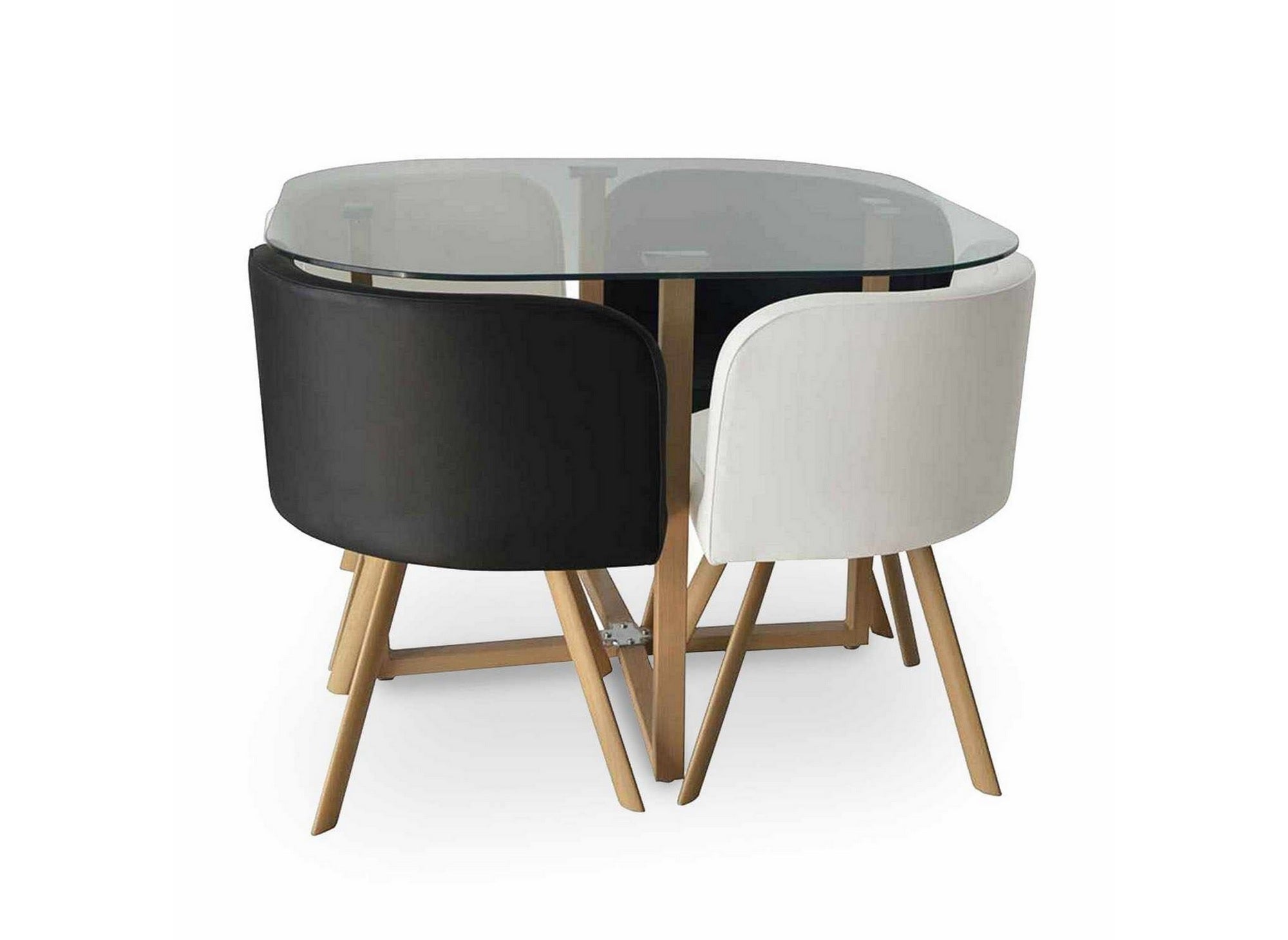 Mesa de comedor de cristal FLEN + 4 sillas blancas y negras