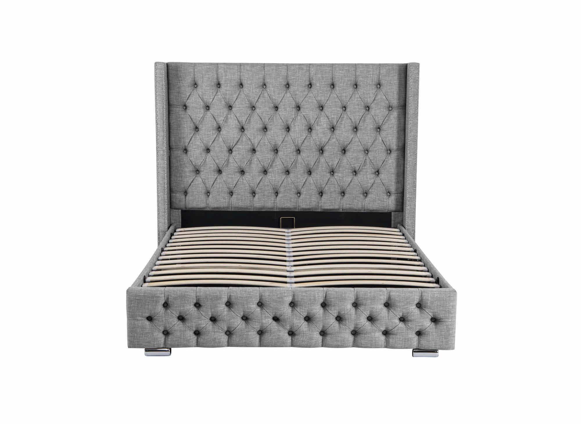 Cama con almacenaje MAXI de 180x200 cm, tapizada en lino gris.