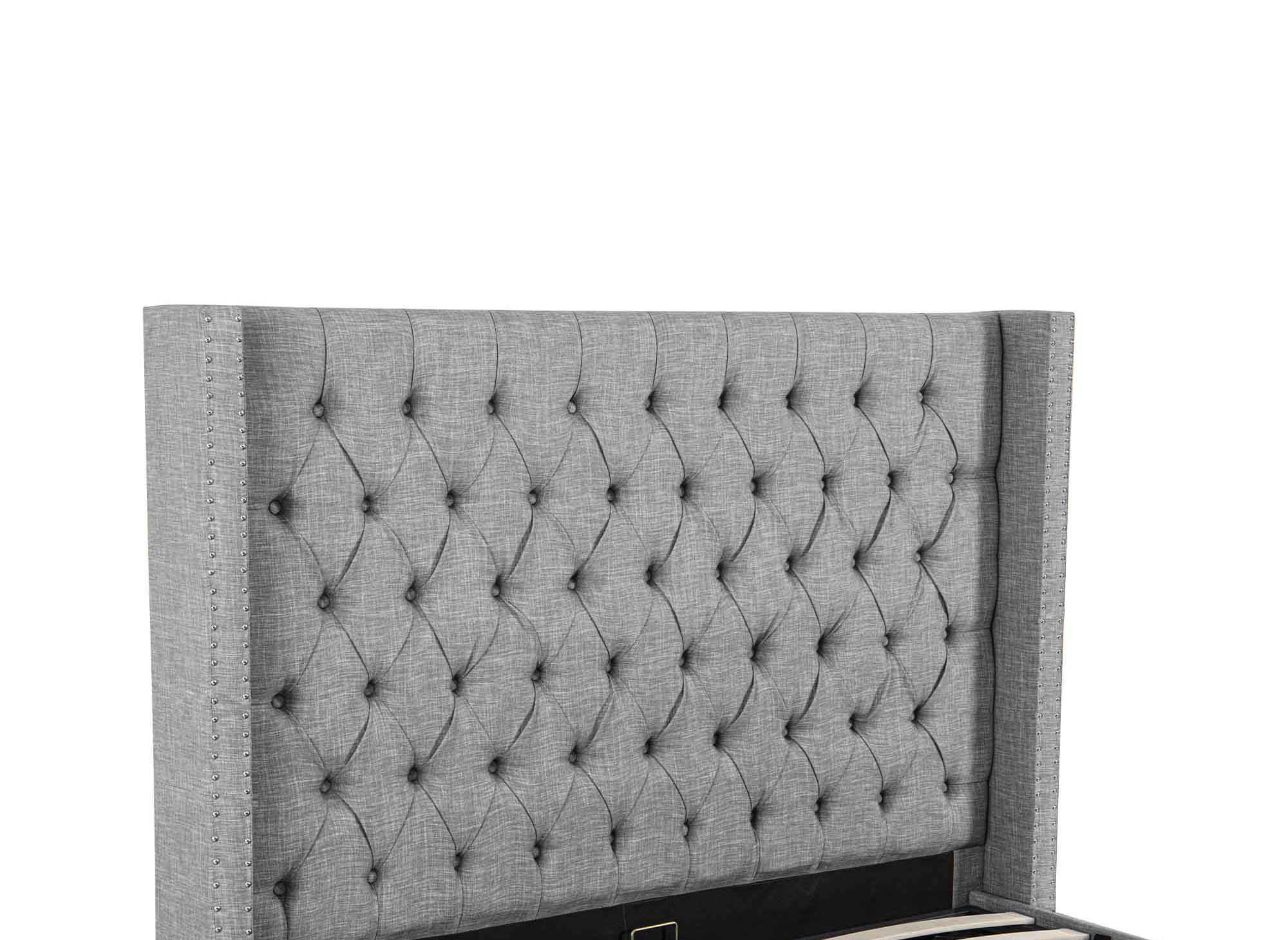 Cama maxi con almacenaje en tela de lino gris, 140x190 cm