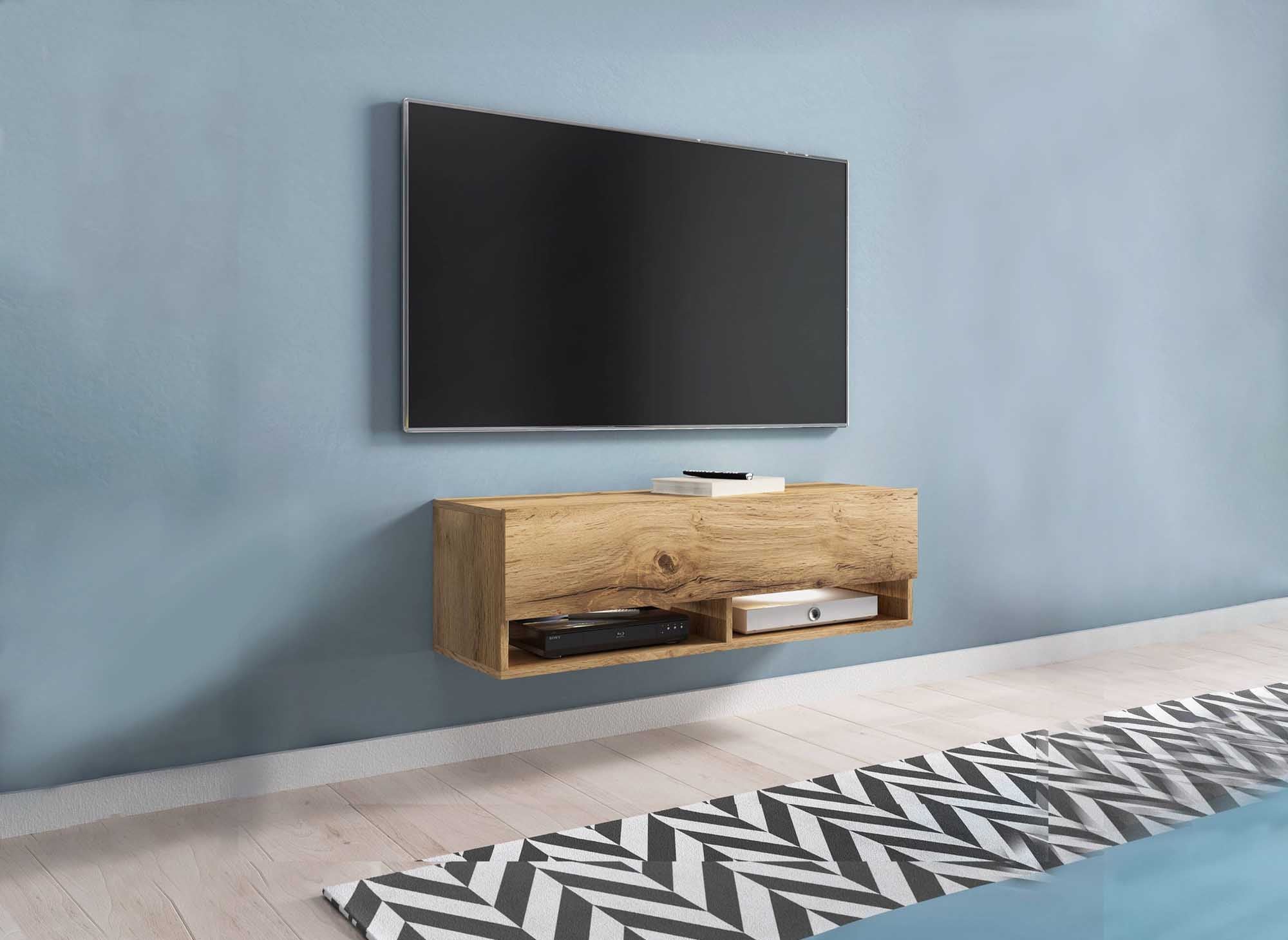 Mueble de TV mural ROMANE de roble con 1 puerta y 2 estantes - 100 cm