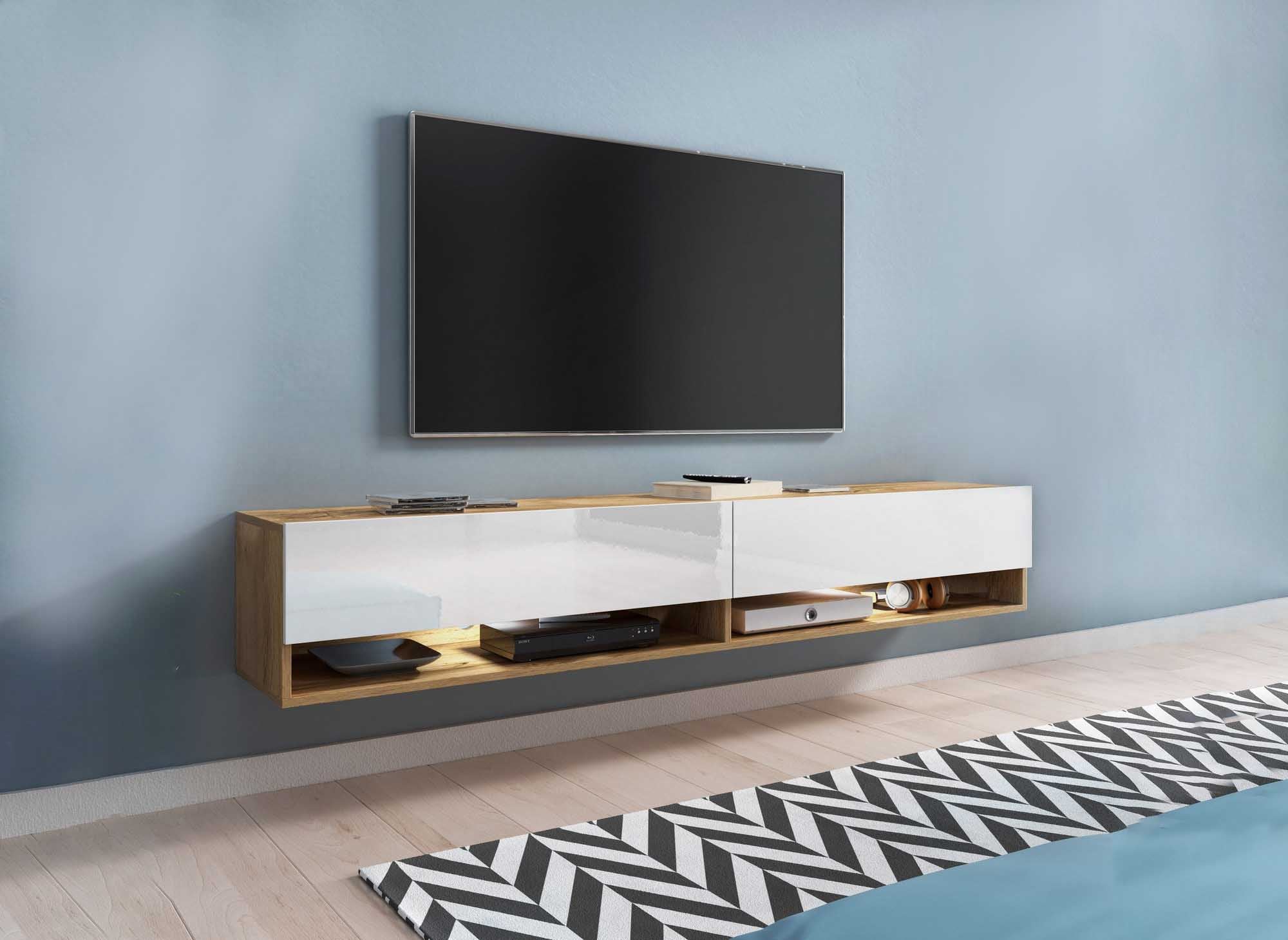 Mueble de TV mural ROMANE XXL con 2 puertas y 2 estantes en roble y blanco - 180 cm