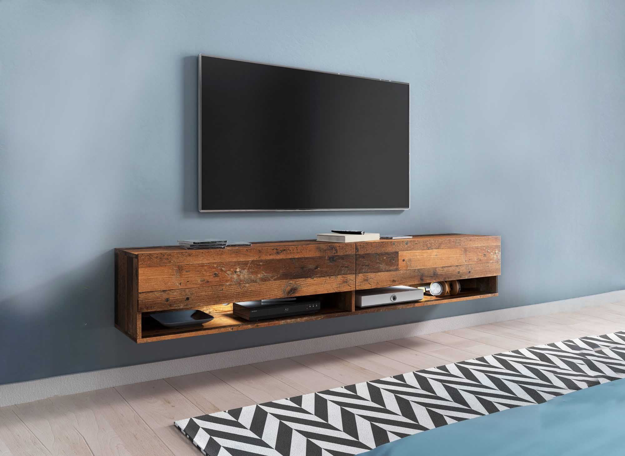 Mueble de TV mural ROMANE XXL de 180 cm con 2 puertas y 2 estantes en roble envejecido.