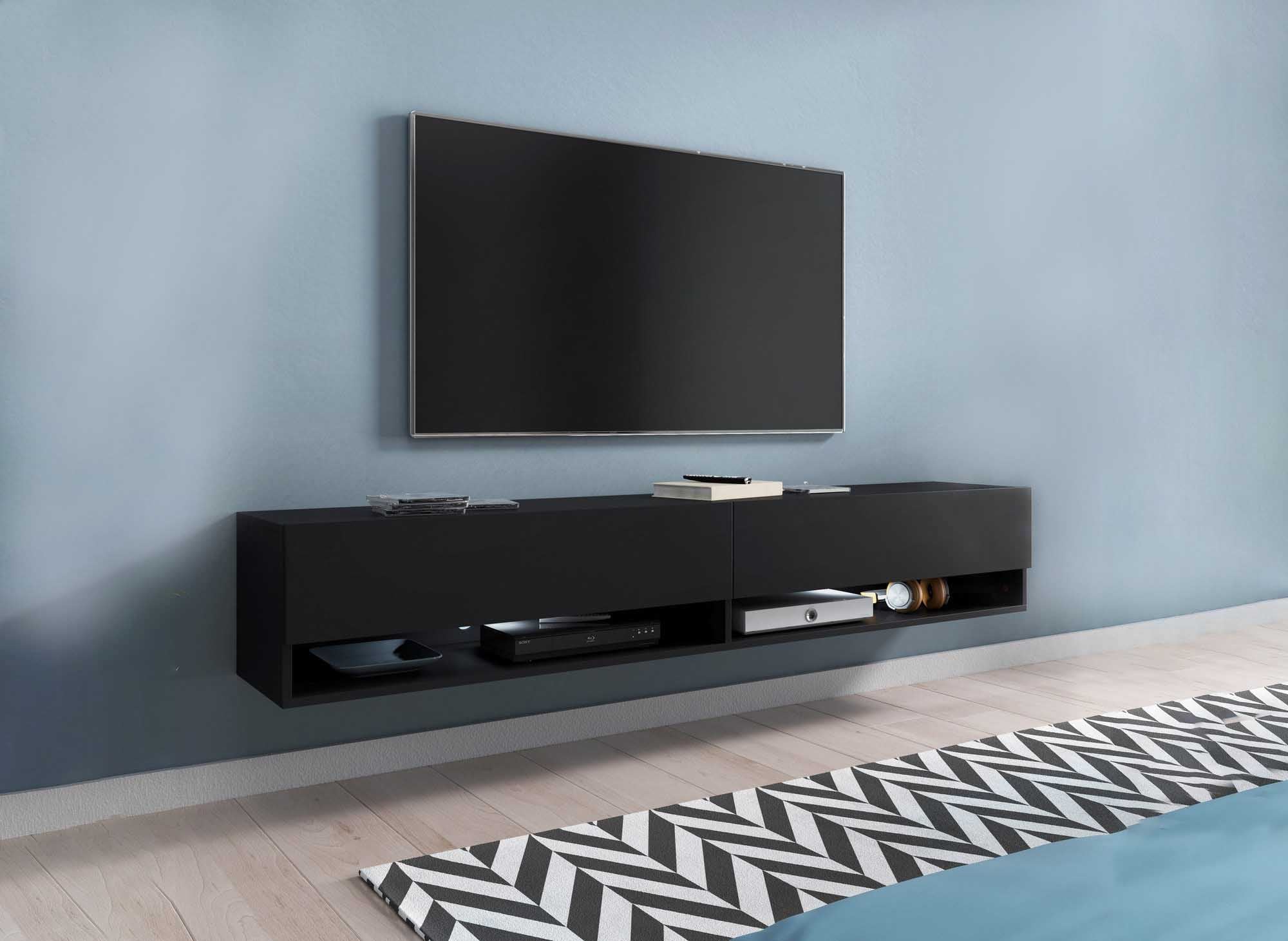 Mueble de TV mural ROMANE XXL con 2 puertas y 2 estantes, negro - 180 cm