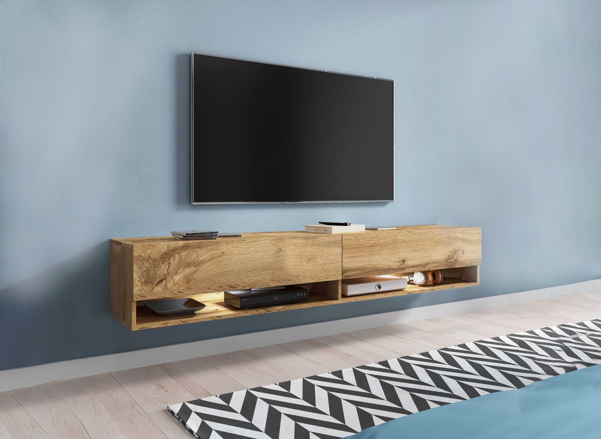 Mueble de TV mural ROMANE XXL de roble, con 2 puertas y 2 estantes - 180 cm