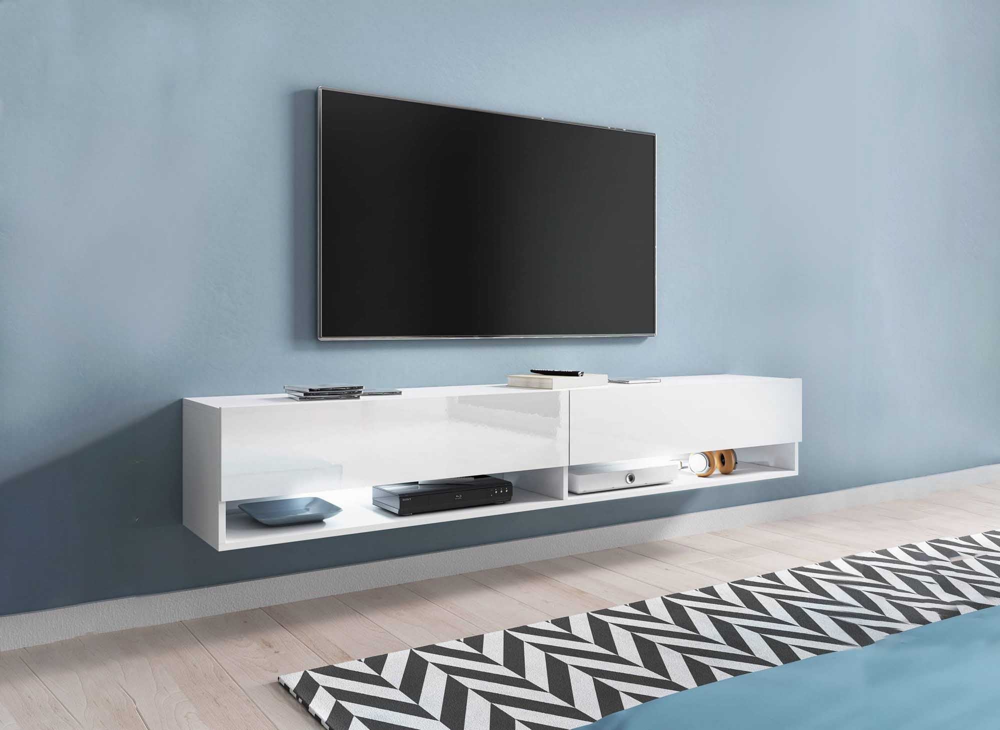 Mueble de TV mural ROMANE XXL con 2 puertas y 2 estantes, blanco - 180 cm