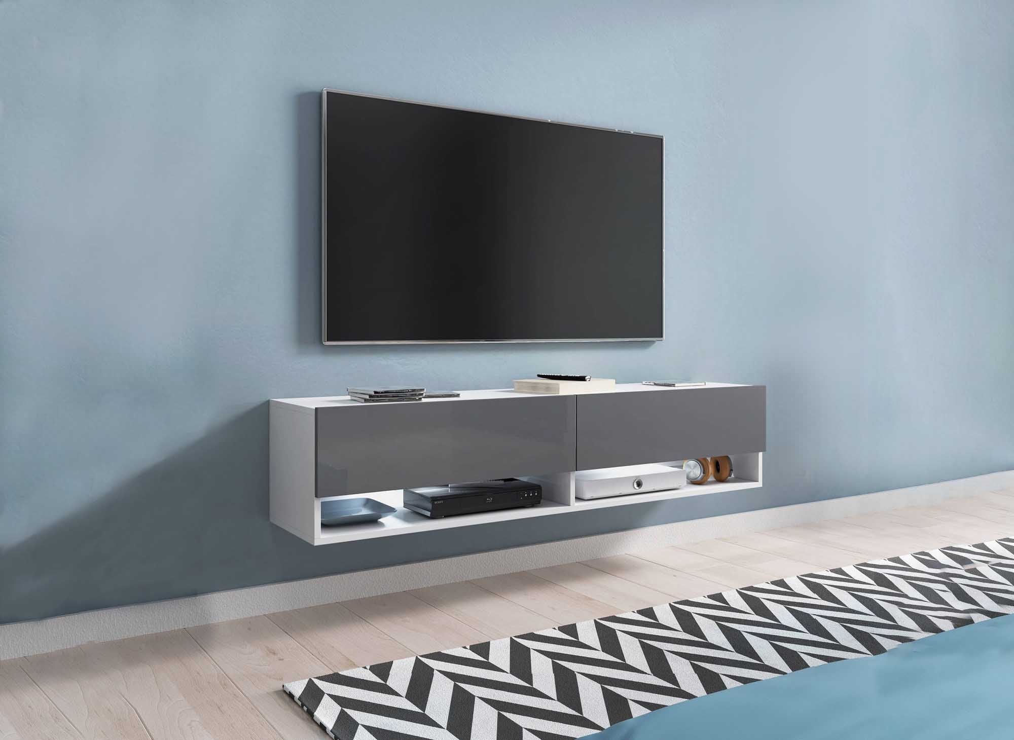 Mueble de TV mural ROMANE XXL con 2 puertas y 2 estantes, blanco y gris - 180 cm