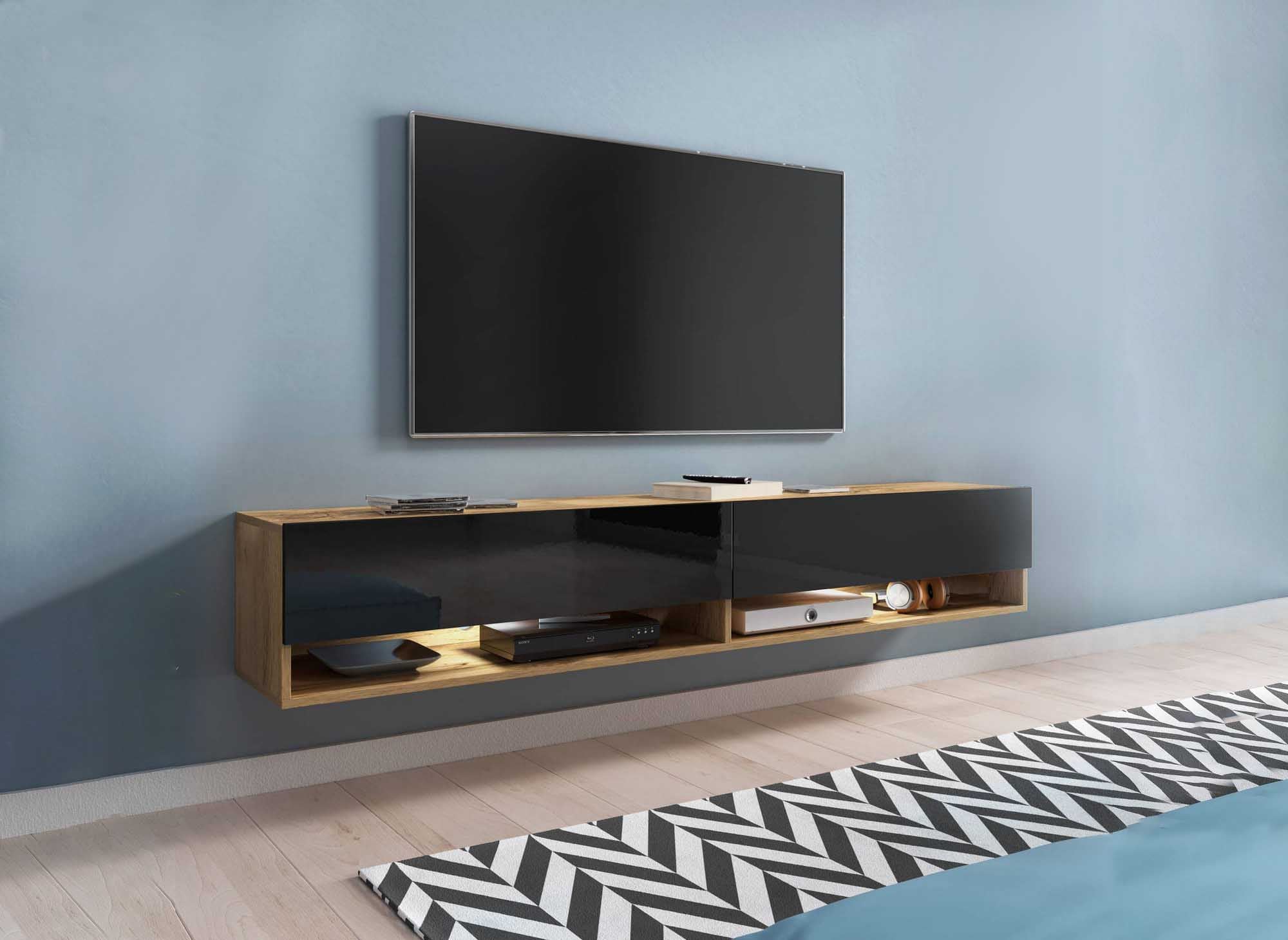 Mueble de TV mural ROMANE XXL con 2 puertas y 2 estantes en roble y negro - 180 cm