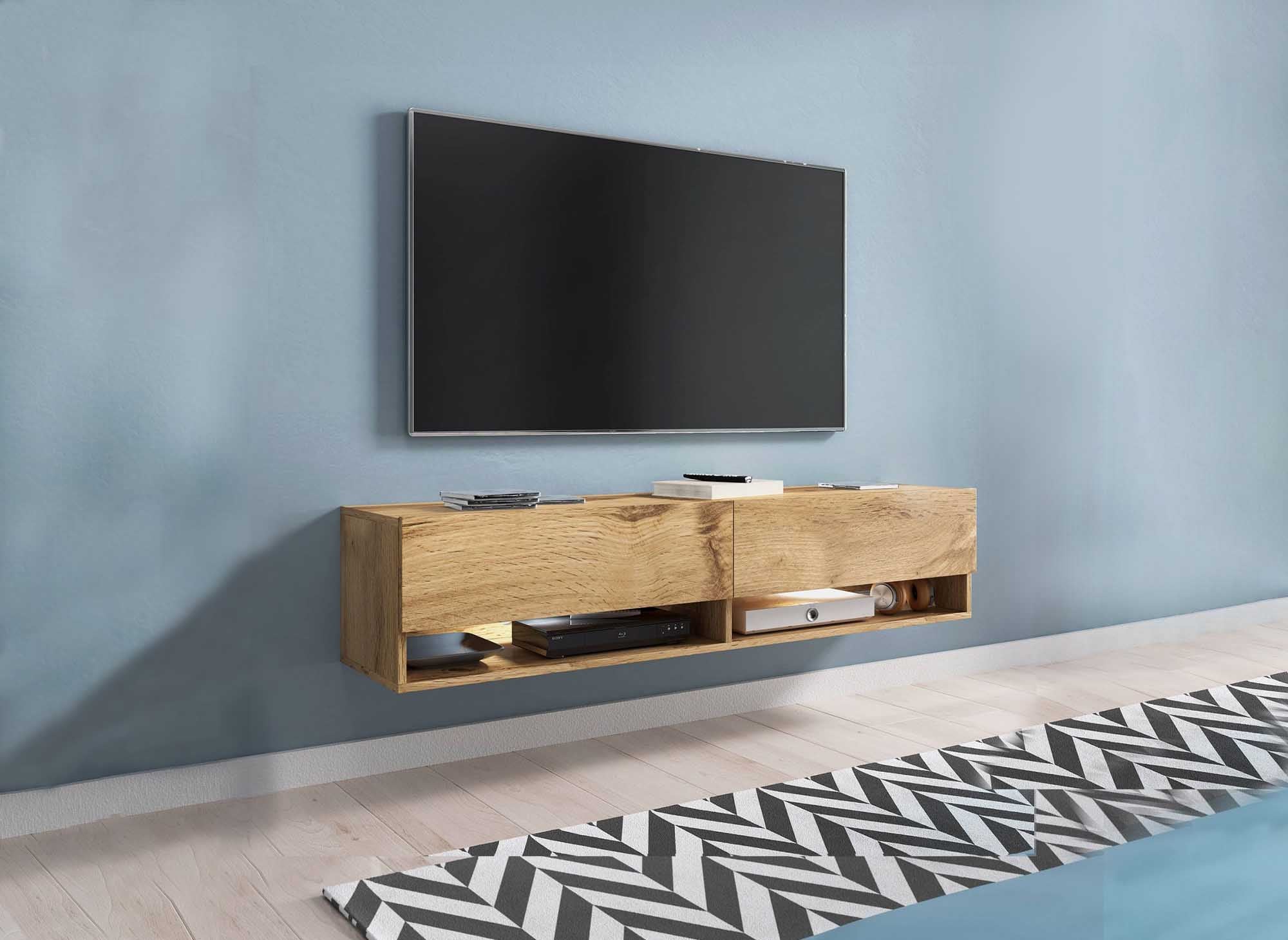Mueble de TV mural ROMANE XL de roble, con 2 puertas y 2 estantes - 140 cm