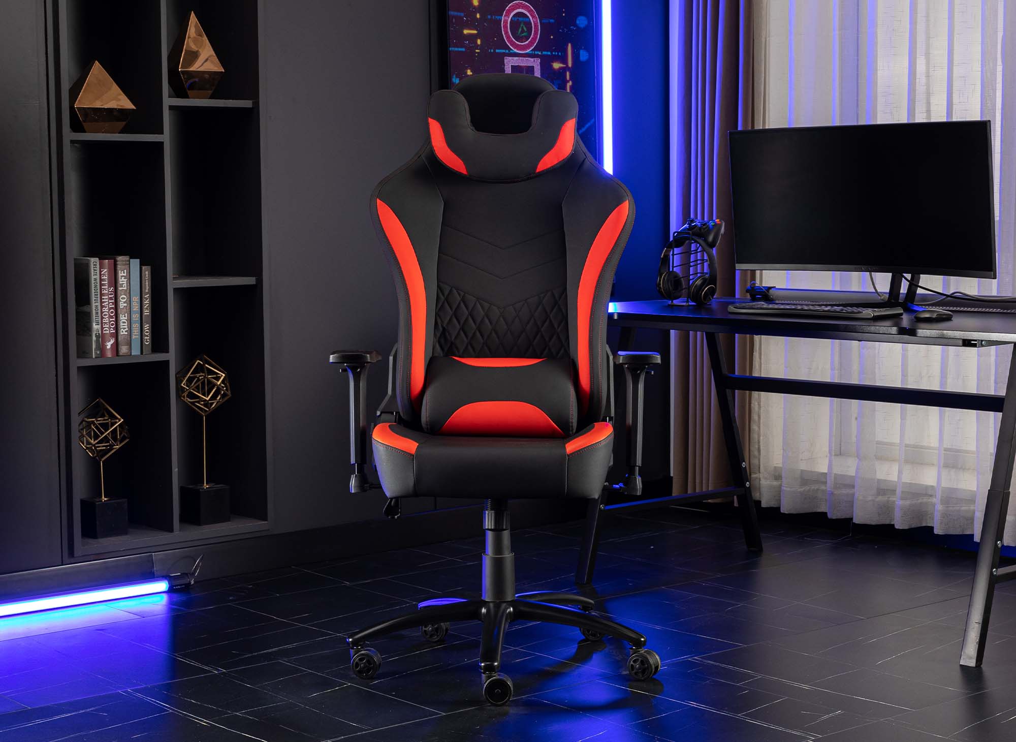 Silla de oficina gaming EVALD de piel sintética negra y roja