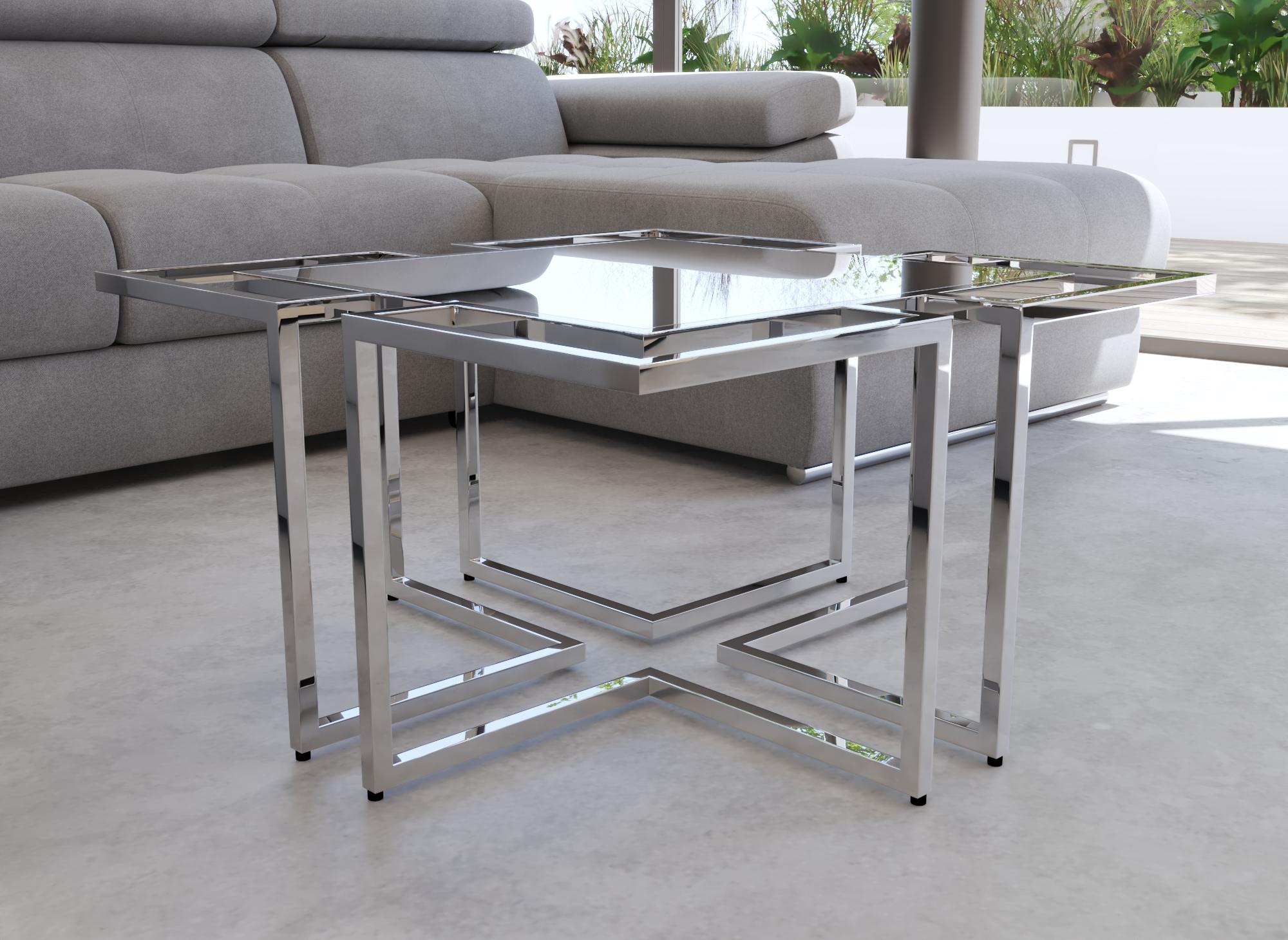 Mesa de centro rectangular con patas geométricas plateadas MORELIA