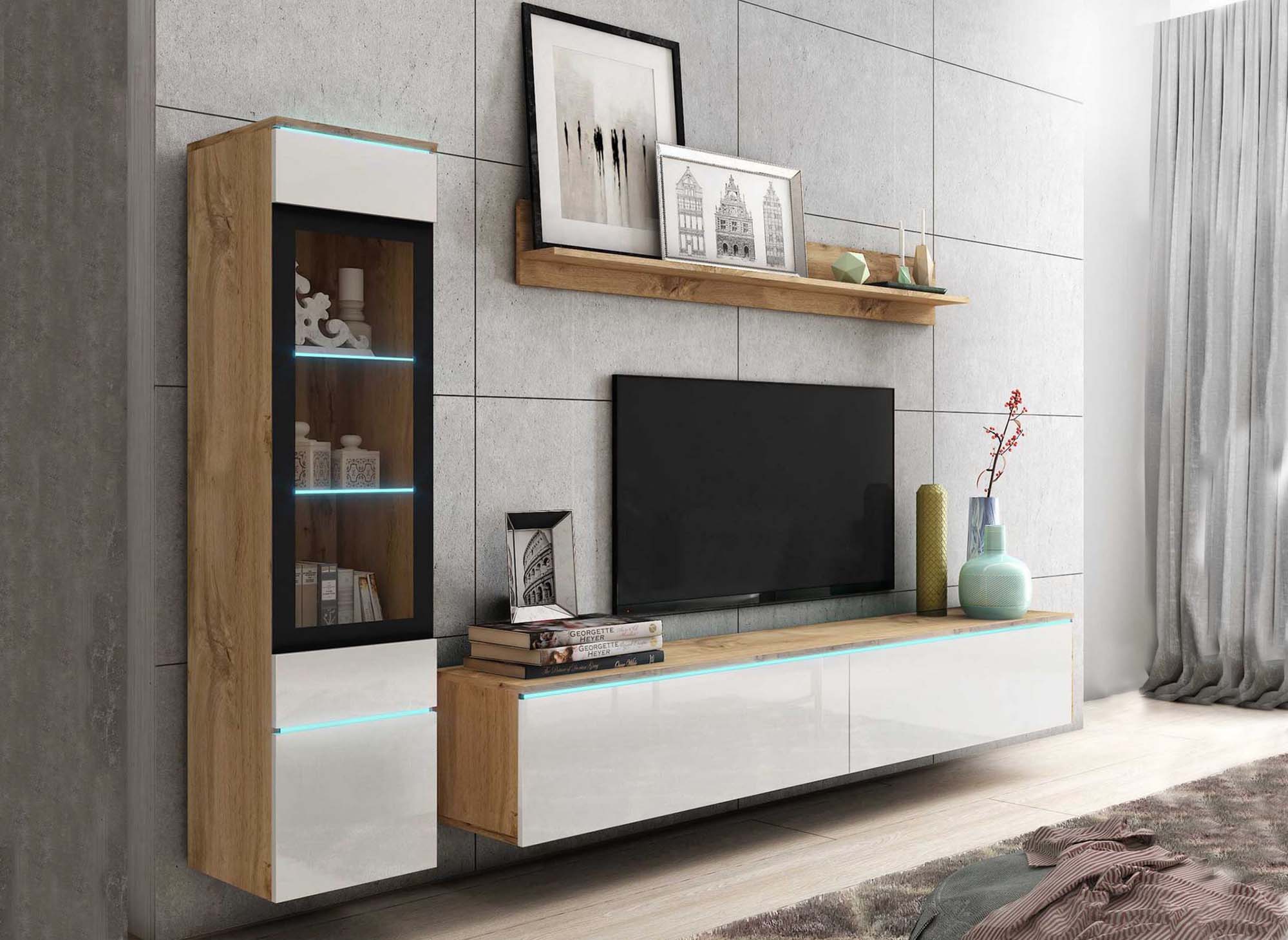Mueble de TV contemporáneo en roble y laca blanca con iluminación LED - VERONICA