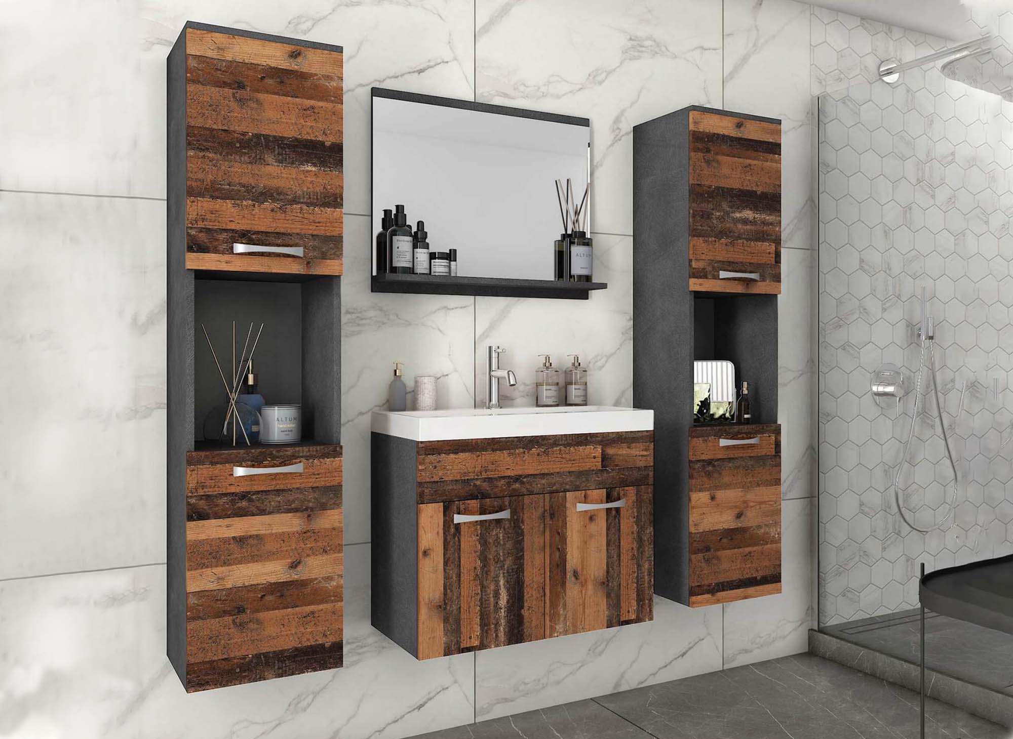 Conjunto de muebles de baño de diseño para montaje en pared HARMONY XL - Gris oscuro y roble envejecido