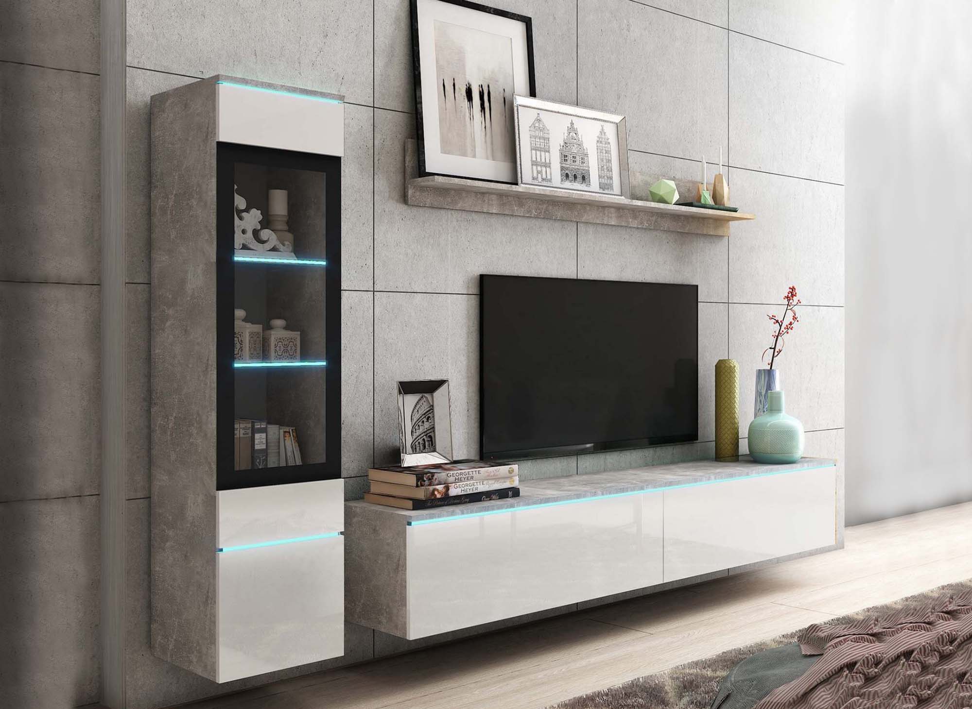 Mueble de TV contemporáneo en hormigón gris y lacado blanco con iluminación LED - VERONICA