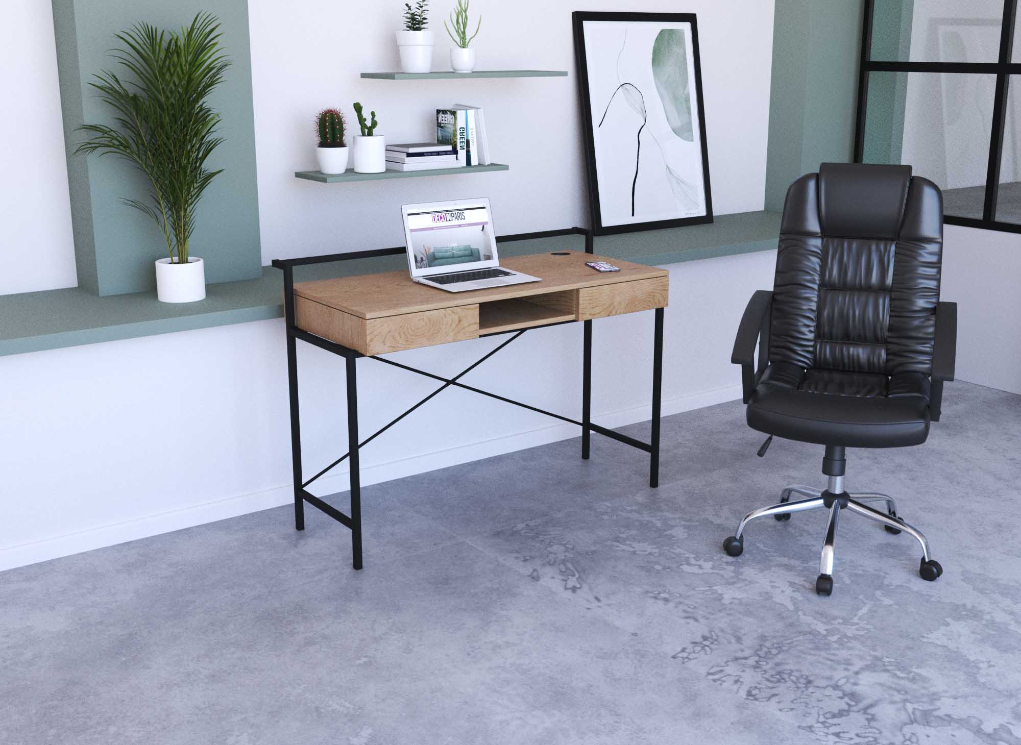 Escritorio compacto de diseño industrial EDMOND en madera y metal